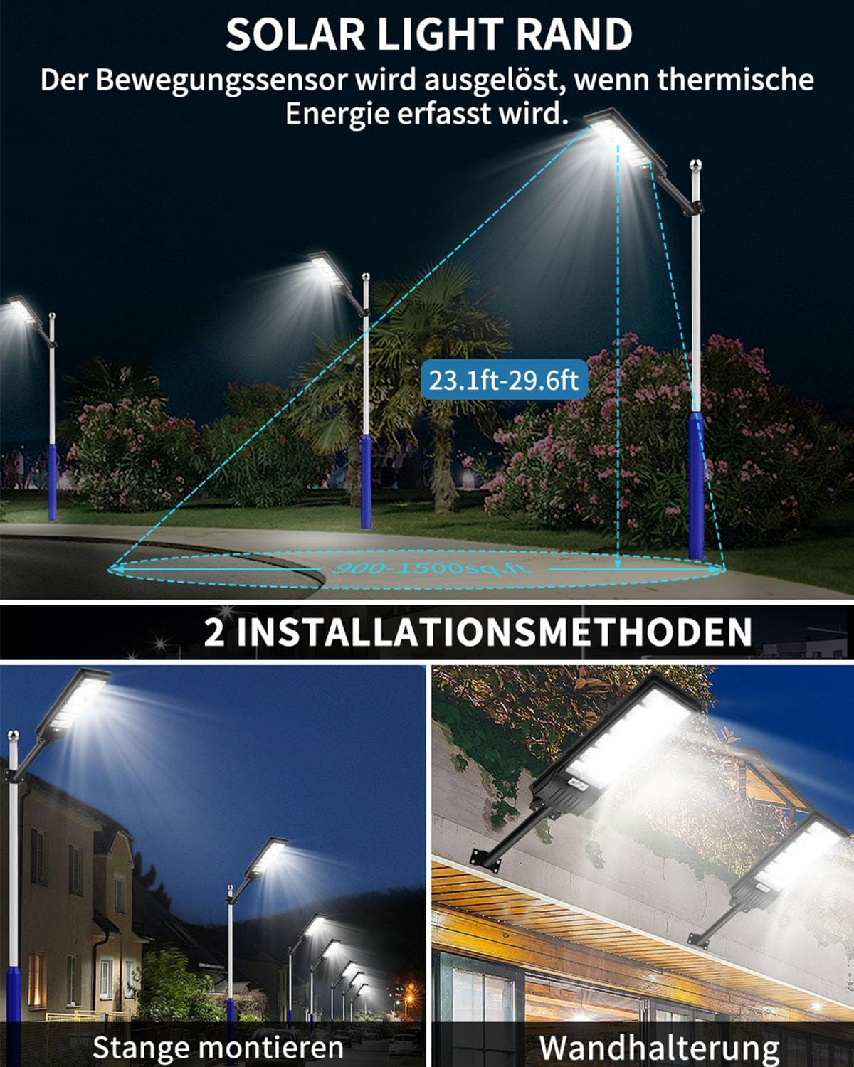 Sararoom 600W LED Solar Straßenlaterne | 6500K Strahler mit Bewegungsmelder Sensor | IP65 Wasserdichte Wandleuchte Wegeleuchte mit Fernbedienung, Außen-Sicherheitsleuchte für Garten,Hof,Garage,Eingang