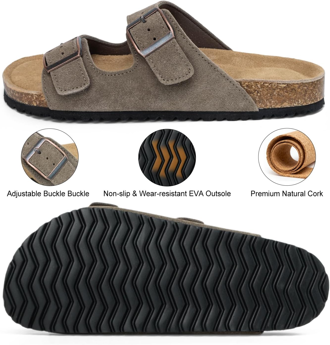 XIXITIAO Suede Sandals Womens with Arch Support, Cork Footbed Womens Slides Sandals with Memory Foam, Cross Straps Flat Sandals with Adjustable Buckle