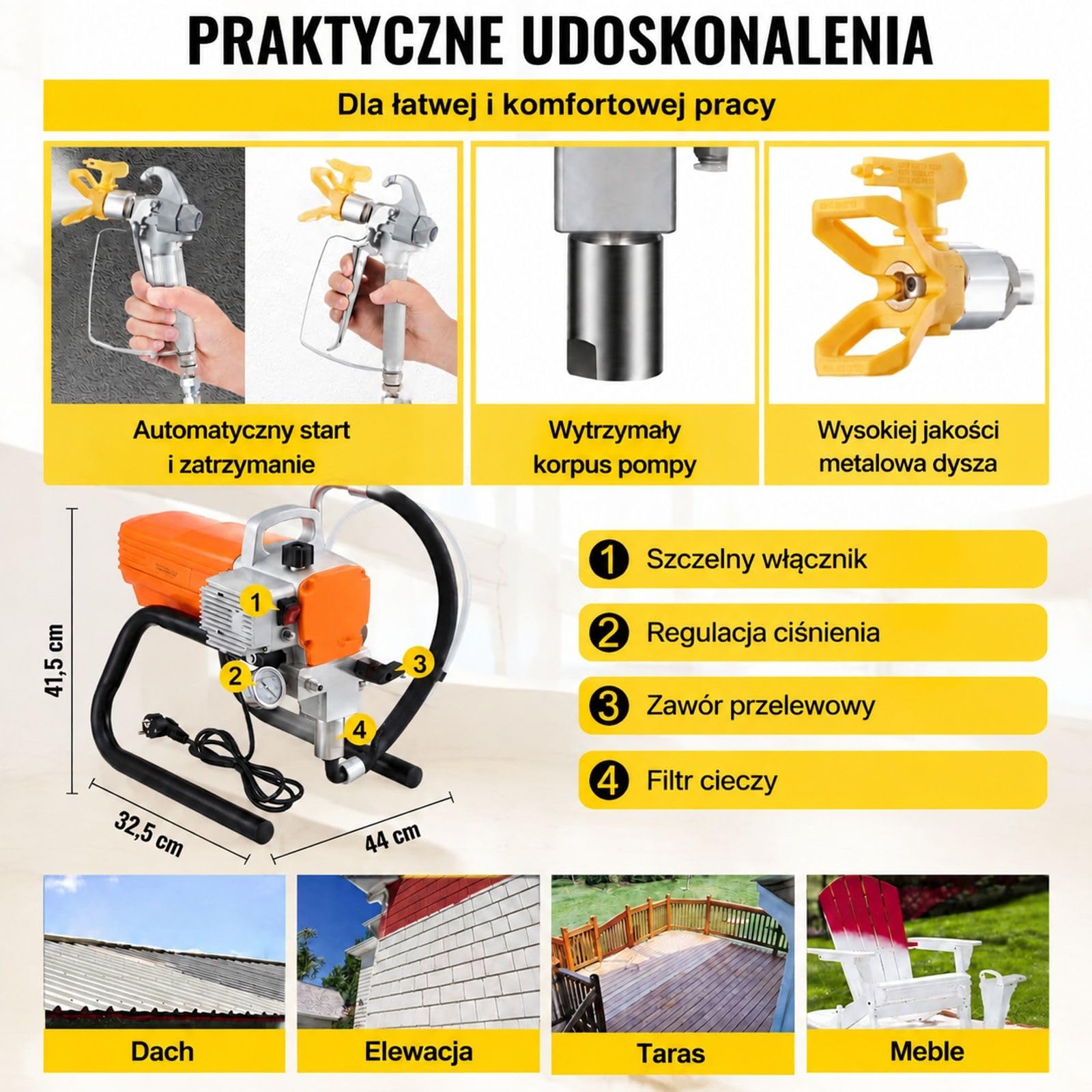 Bezpowietrzny agregat malarski 1800 W, 3000 PSI, 1,8 L/min z pistoletem, wężem, regulacją ciśnienia do ścian, sufitów, drewna, metalu