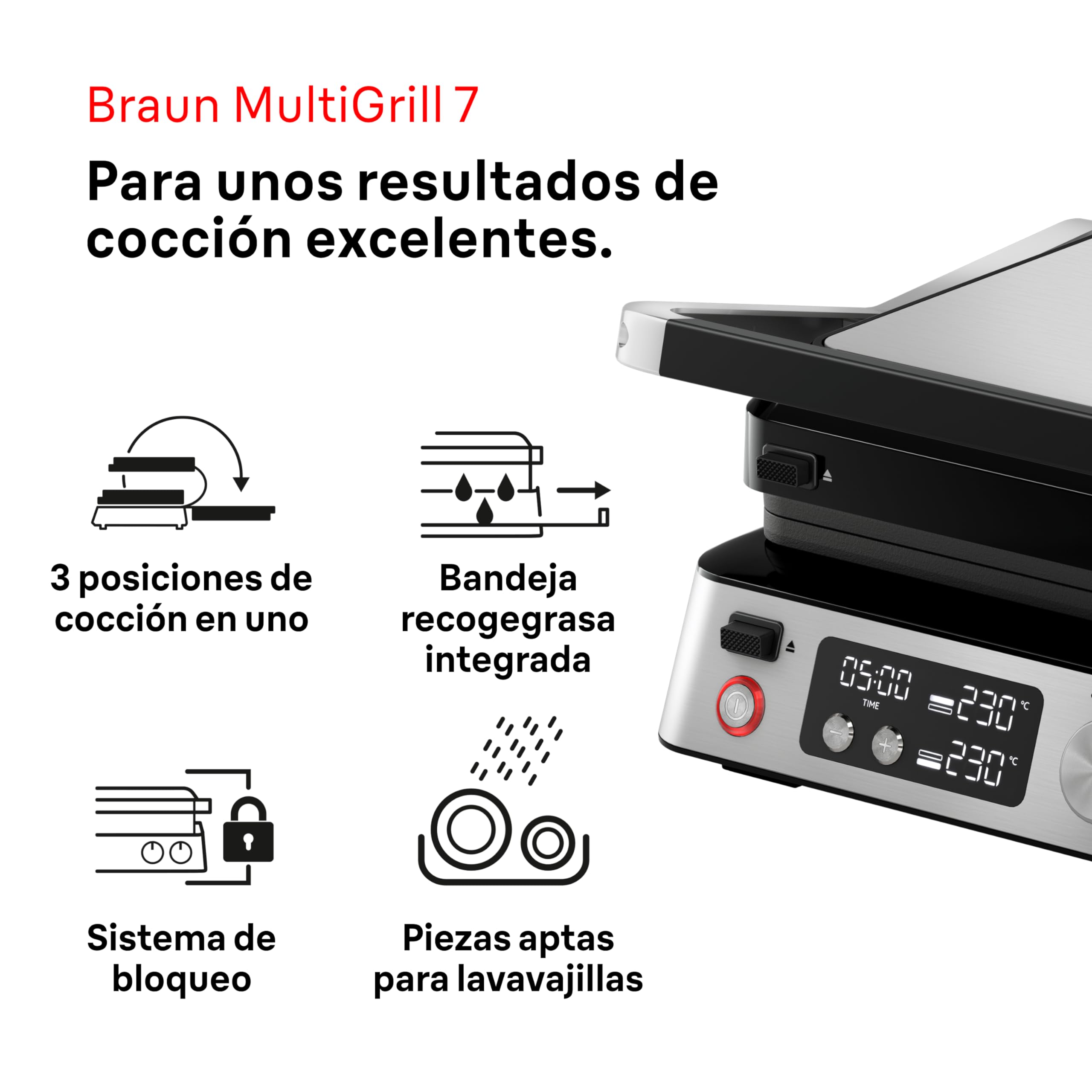 Braun MultiGrill 7 CG 7040, Plancha Cocina Eléctrica con Control Electrónico, 2 Termostatos Independientes, 3 Posiciones de Cocción, Placas Lavables en Lavavajillas, 2000 W, Negro/Acero Inoxidable