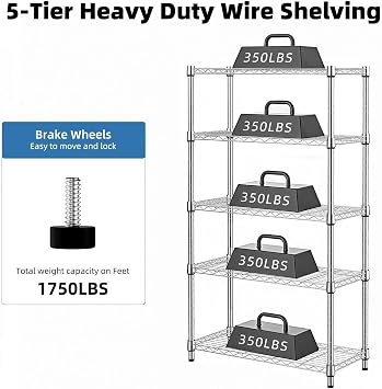 Silver 1250 lbs Storage Shelving Utility Shelving Unit 5-Tier Utility Shelving Unit Steel Organizer Wire Rack for Home,Kitchen,Office (13.7 D x 23.6 W x 62.4 H)