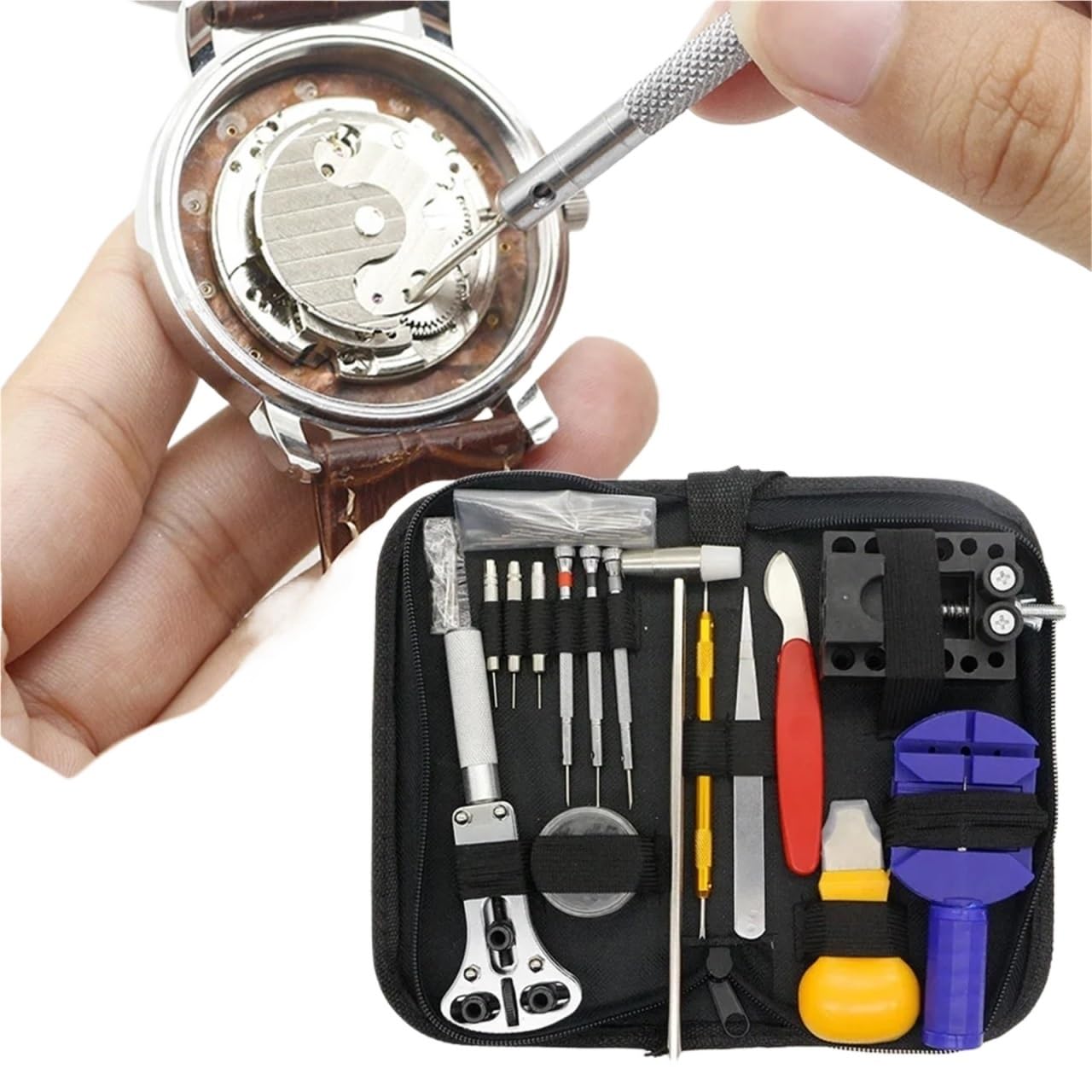 Kit De ReparacióN De Relojes Herramientas de mantenimiento de reloj, 147 piezas, mantenimiento de reloj, cubierta trasera abierta, Kit de reparación de extracción de correa, for relojeros, bricolaje y