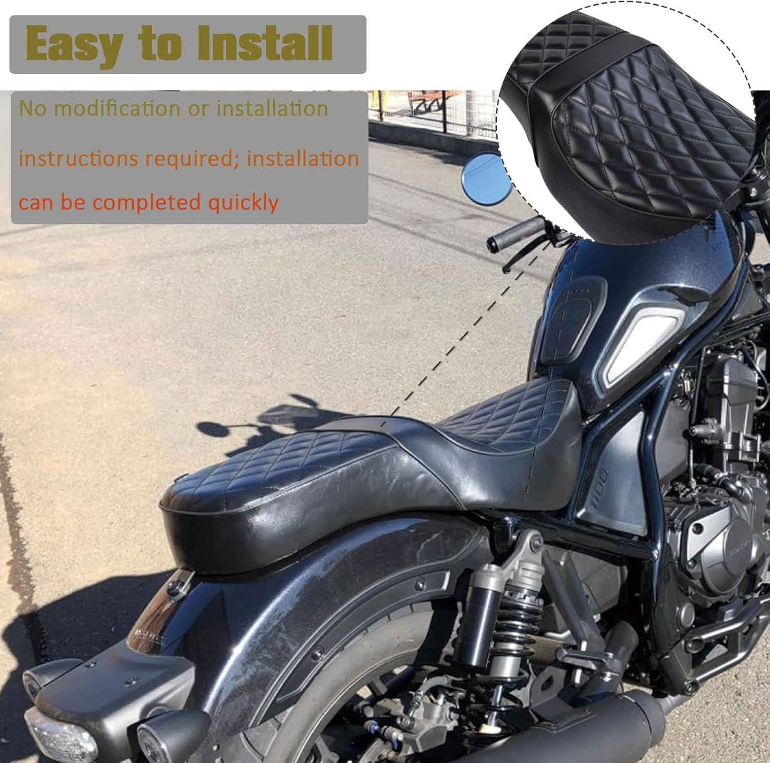 Rider Driver Passenger Seat Two-up Leather Rear Passenger Seat Pillion Comforable Seat fit for Ho-nda Rebel CMX 1100 CMX1100 Rebel1100 Accessories 2021 2022 2023 2024 (Diamond Style)