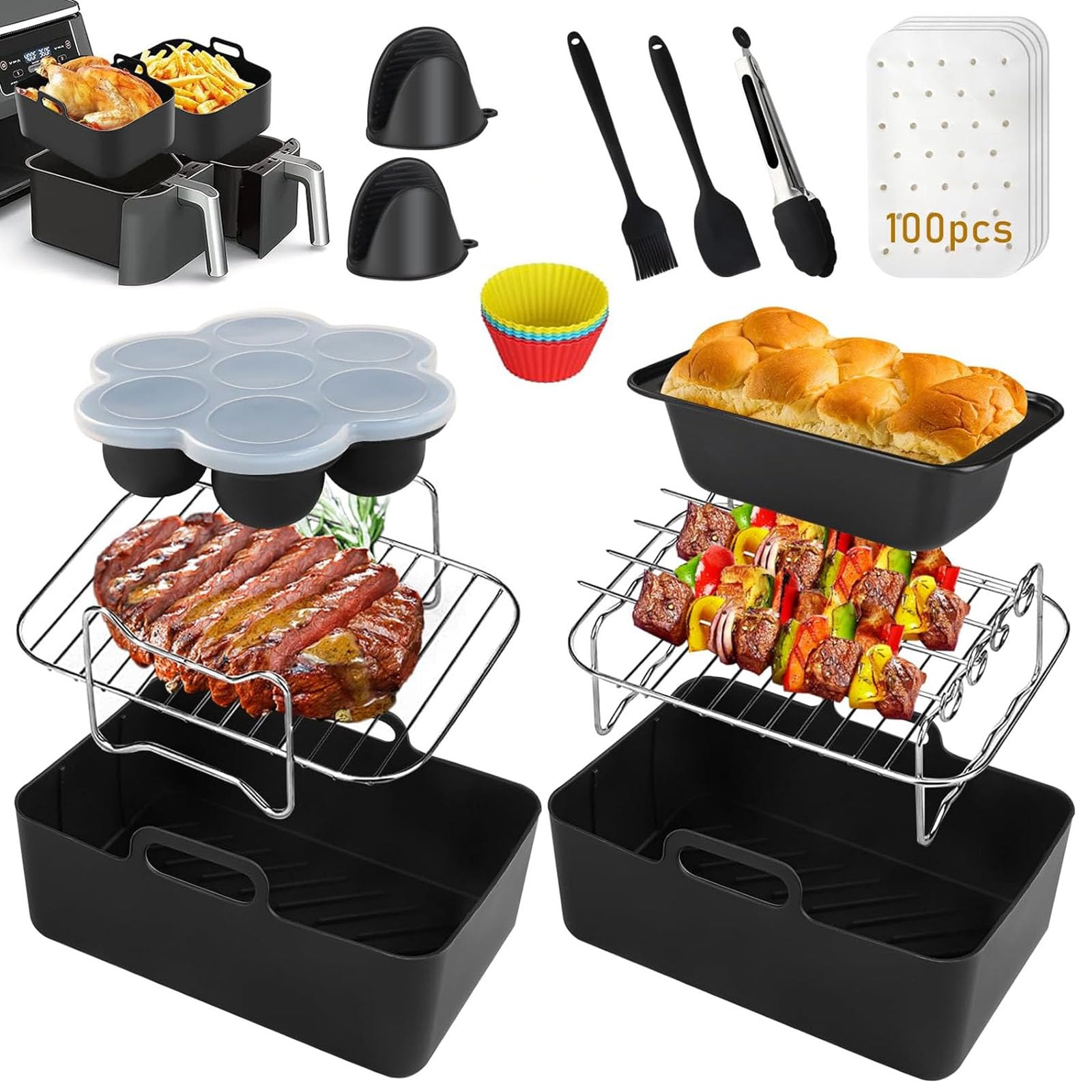 Ziyero Molde Silicona Freidora de Aire, Accesorios Freidora Sin Aceite para Cecotec 9L, Ninja Foodi AF400EU AF300EU 7,6L - 9.5L, Molde de Silicona para Freidora Aire, Microondas, Horno y Vapor, Negro