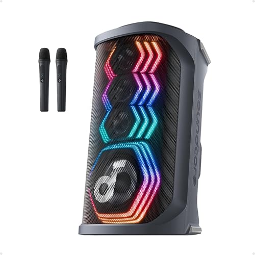 soundcore Rave 3S AI Party Speaker with 2 Wireless Microphones, 200W Sound, AI Vocal Removal, Reverb, Light Show, 12H Playtime, Portable Bluetooth PA System for Home, Party, or Backyard