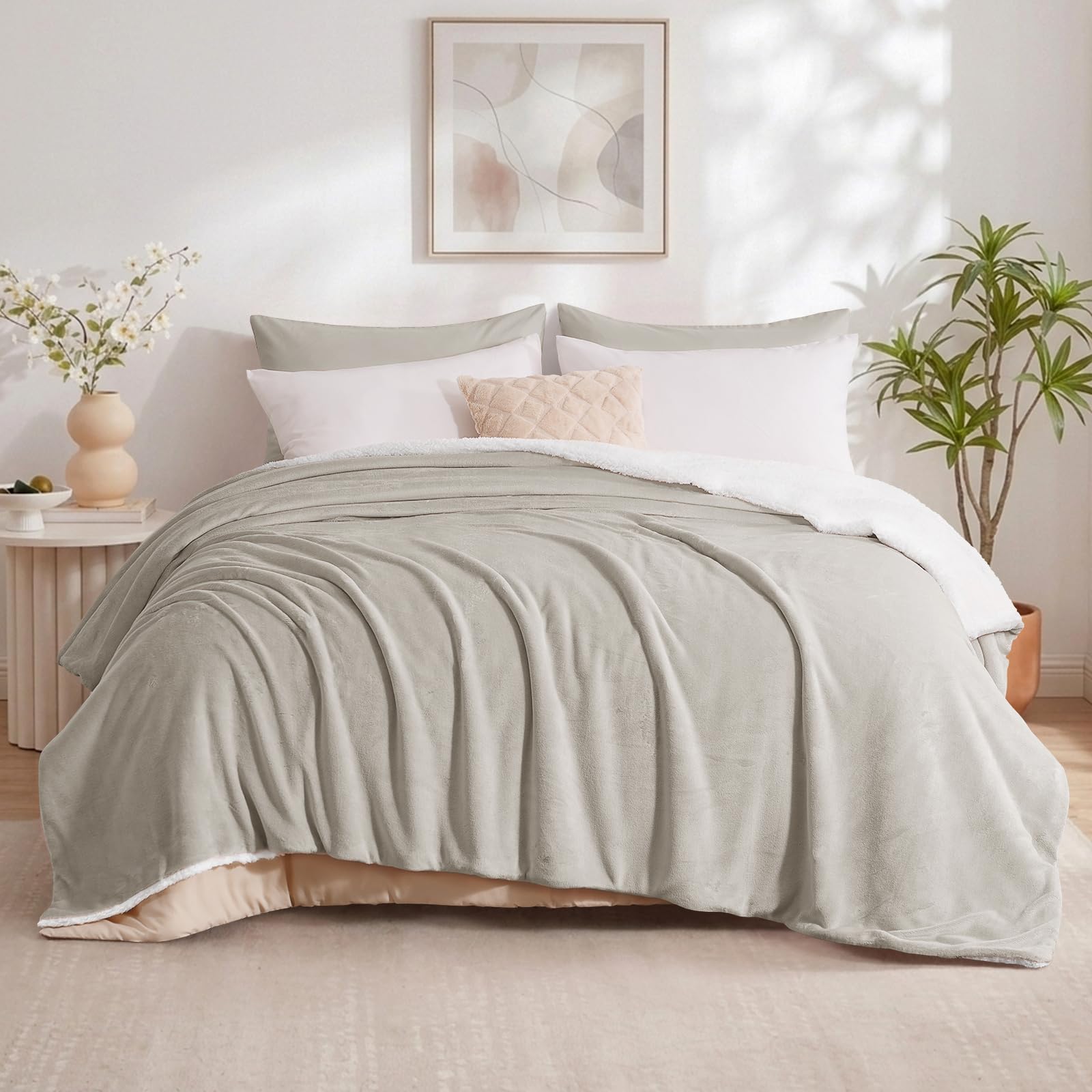 Aisbo Sherpa Fleece Blanket Beige - Fluffy Thick Blanket for Bed Large Throw, Warm Soft Solid Microfiber Blankets King Size Throws for Couch Sofa, 200x240cm โ image 1
