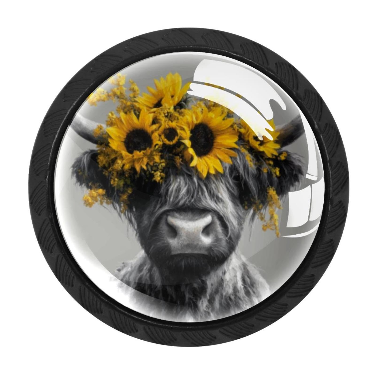CHENZZZZ 4 Pack Drawer Knobs, Black Handle Dresser Drawer Pulls, Round Decoration Cabinet Hardware Pulls with Screws for Kitchen Cupboard Wardrobe, Highland Cow Sunflowers (3)