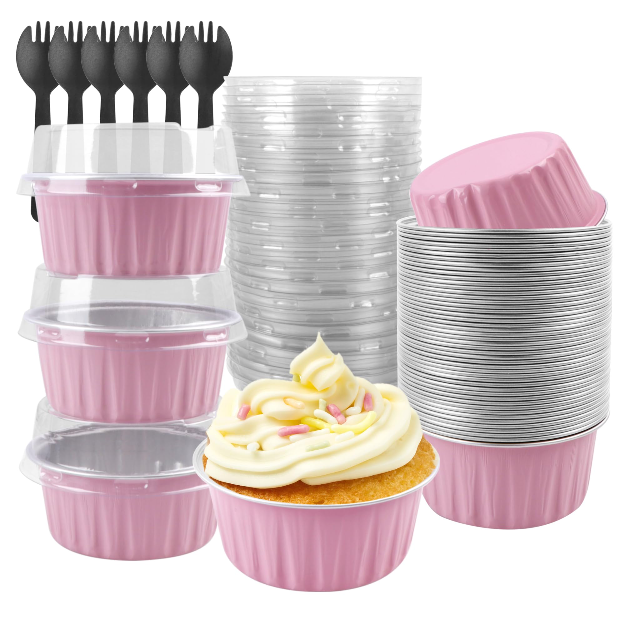 50 Moules à Pâtisserie Aluminium Avec Couvercles Et Cuillères - Ramequins Jetables 150ml, Pour Cupcakes, Desserts Individuels