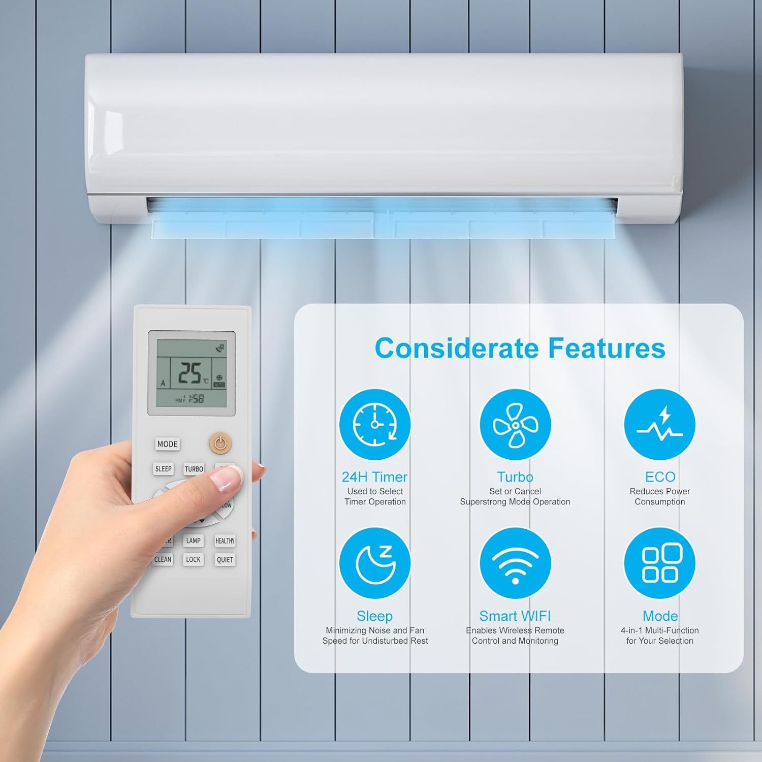 Mjkone air conditioner demonstrating quick cooling in 30 seconds and quick heating in 60 seconds