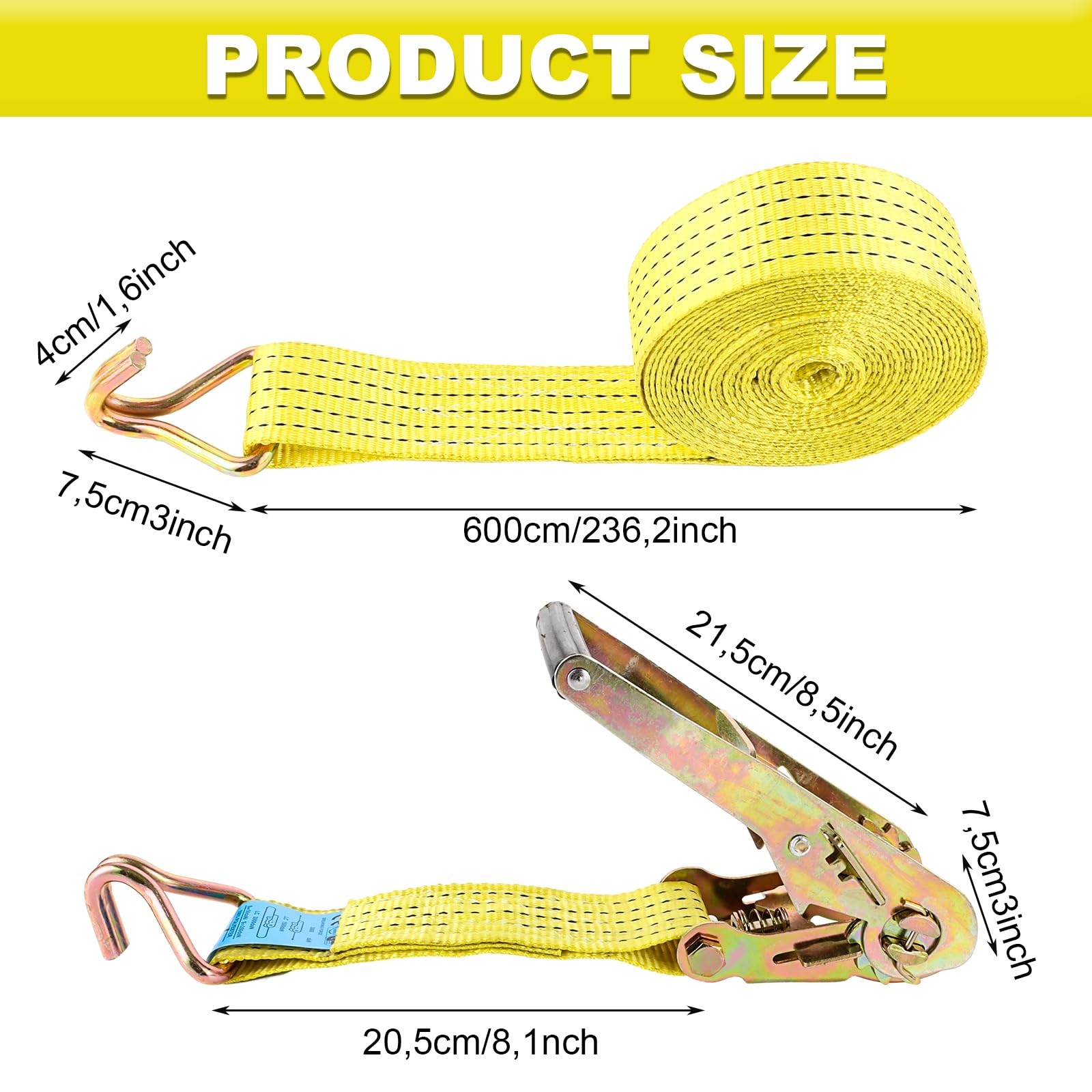 DAJAVE Set di 2 Cinghie con Cricchetto e Gancio 6m, 3000kg, 50mm Cinghia Fissaggio a Cricchetto Ratchet, Resistenza alla Rottura, Cinghia a Cricchetto, Cinghie con Gancio per Moto, Traslochi e Carico
