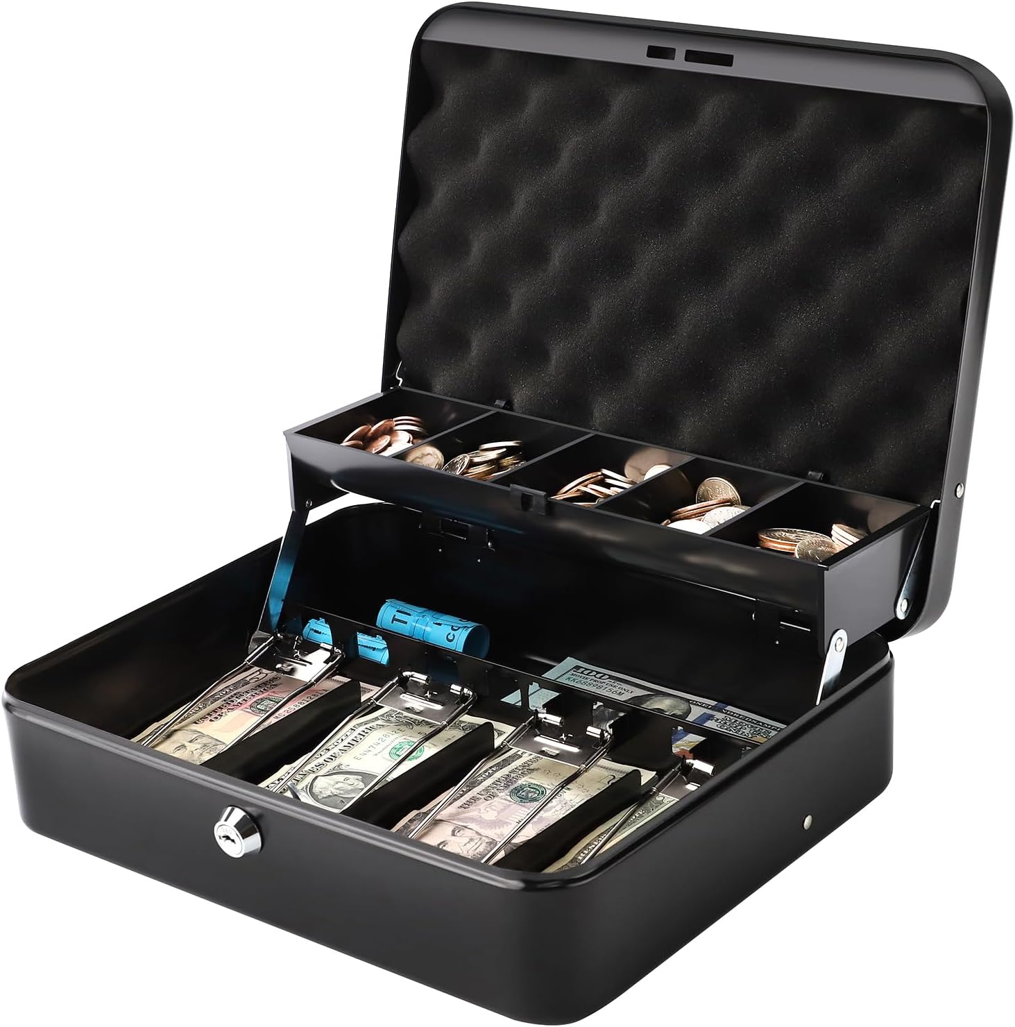 Decaller Large Cantilever Cash Box with Money Tray and Combination Lock, Metal Money Box with 5 Coin Compartments & 4 Bill Clips for Home or Business, 11.81", Black/Combo L image 2