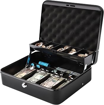 Decaller Large Cantilever Cash Box with Money Tray and Key Lock, Metal Money Box with 5 Coin Compartments & 4 Bill Clips for Home or Business, 11.81", Black/Key