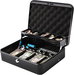 Decaller Large Cantilever Cash Box with Money Tray and Key Lock, Metal Money Box with 5 Coin Compartments & 4 Bill Clips for Home or Business, 11.81", Black/Key