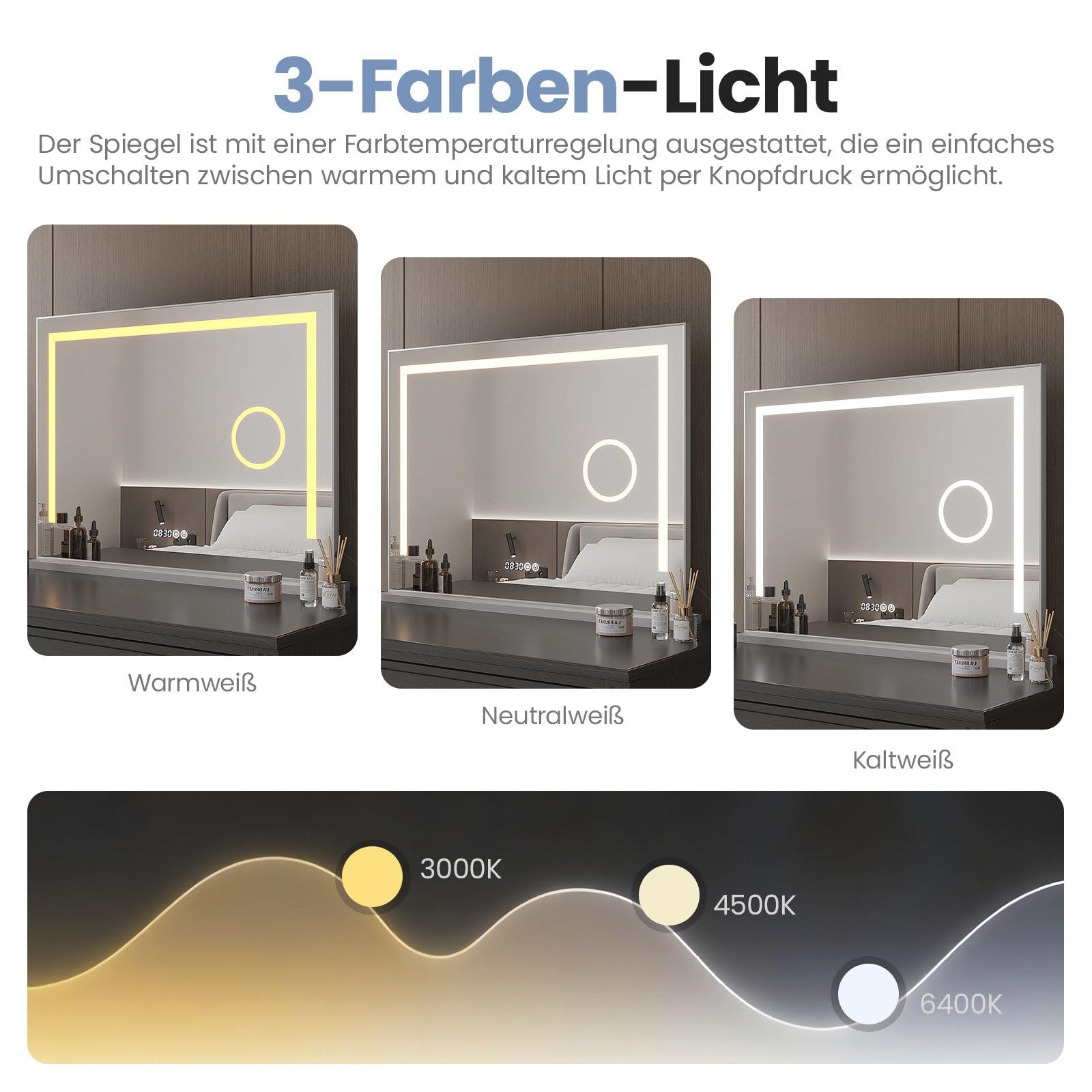Hollywood Spiegel 70x50cm Schminkspiegel Kosmetikspiegel Kosmetikspiegel beleuchtet mit Led Beleuchtung Vergrößerung Licht,Digital Uhr,dimmbar,3 Lichtfarben,3xVergrößerung,Touch Schalter,Alurahmen