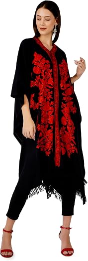 BATIN Kashmiri Aari Embroidered Cape Shawl for Women, Floral Embroidered Cape Shawl Black