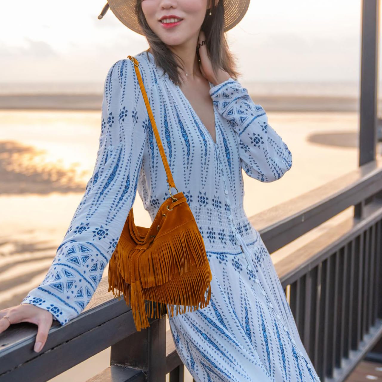 VALICLUD 2 Stücke Retro Tasche Fransen Eimer Tote Frauen Damen Cross-Body Schulter Handtasche Mode Quasten für