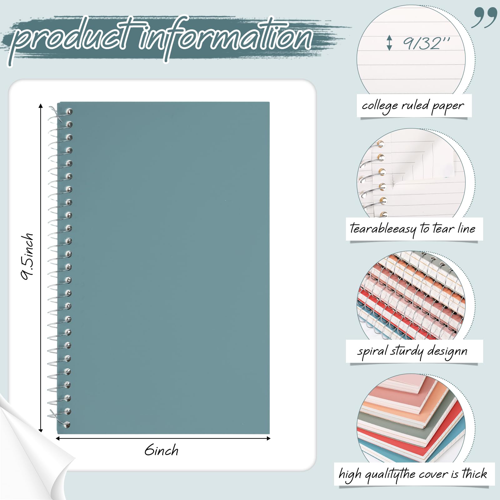 Teling Lot de 6 petits carnets à spirale 2 sujets lignés 24,9 x 15,2 cm, 100 feuilles de couleurs assorties, ligne facile à déchirer pour le bureau (couleur pastel)