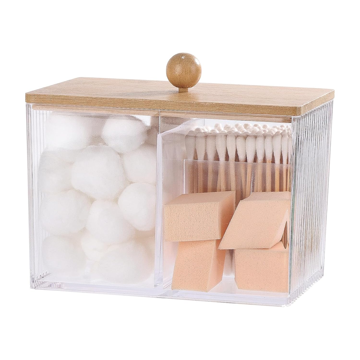 Ohlove Qtip Holder with Bamboo Lids 3 Compartments Cotton Ball Swabs Dispenser Apothecary Jar Clear Plastic Bathroom Container