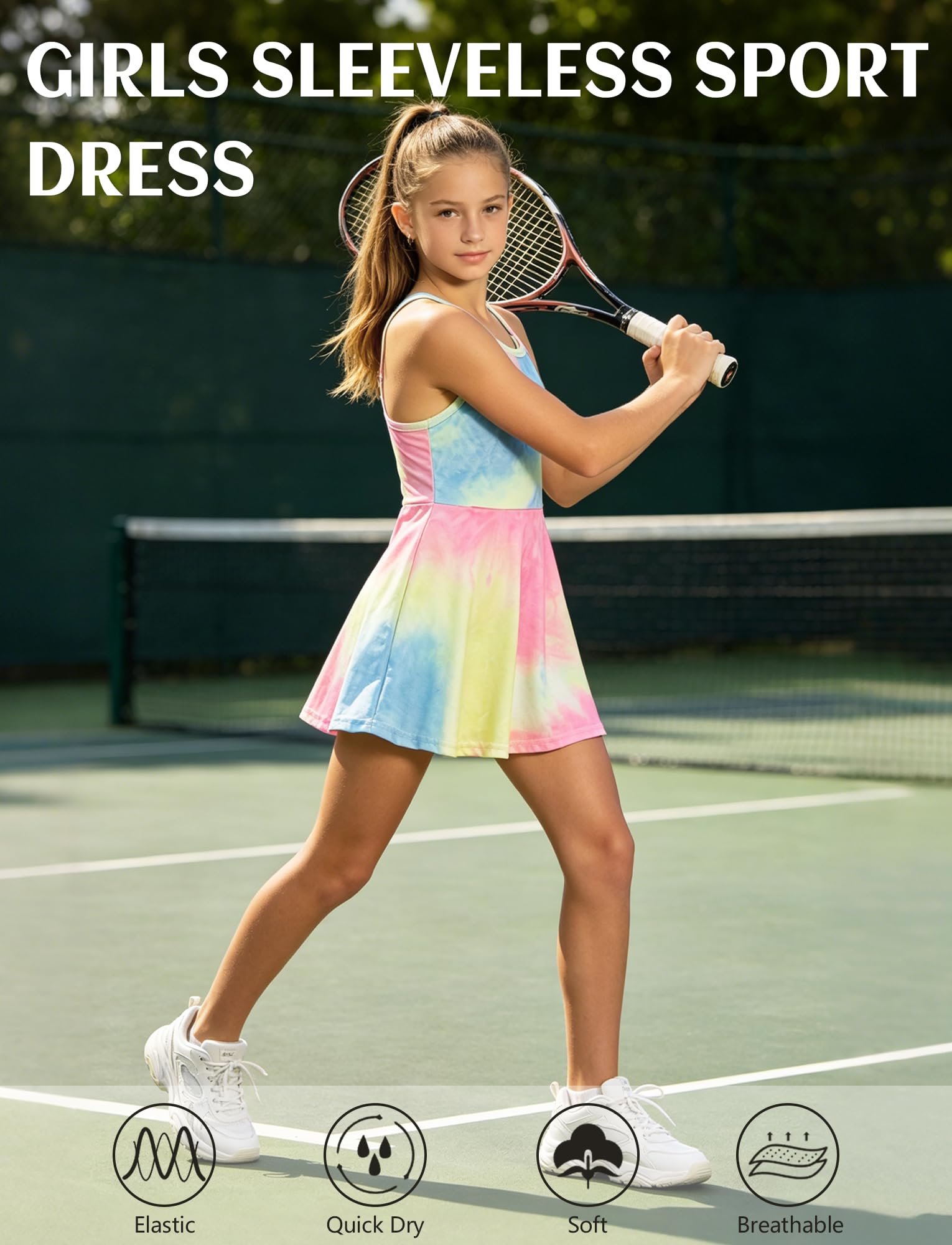 Mädchen Tenniskleid Kinder Ärmellos Sportkleid + Shorts Golf Tennis Sport Kleidung Set Training Bekleidung Sportsanzug Jogging Workout Tie Dye Kleid