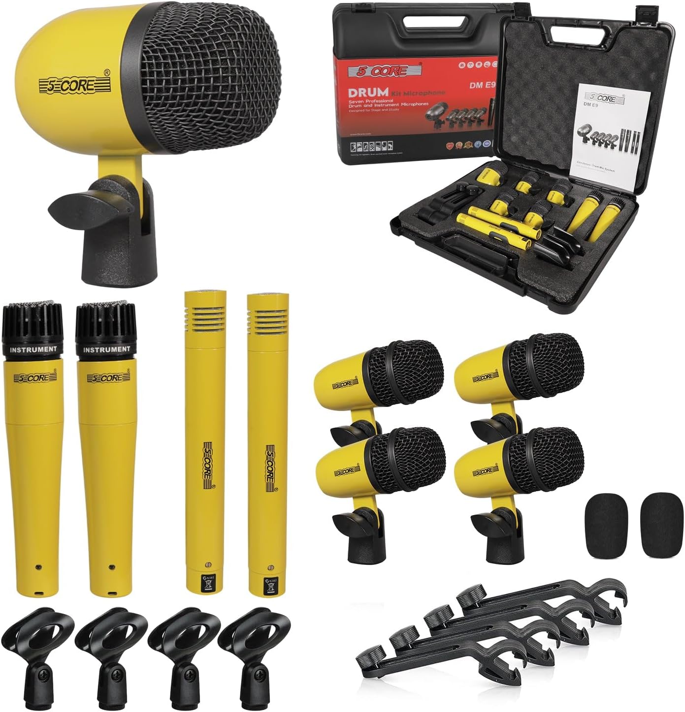 5 CORE Drum Microphone Kit 9 Piece All Metal Drummer Mics Tom/Snare & Cymbals Professional Wired Instrument Drums Set Microfonos Yellow - DM E9 YLW