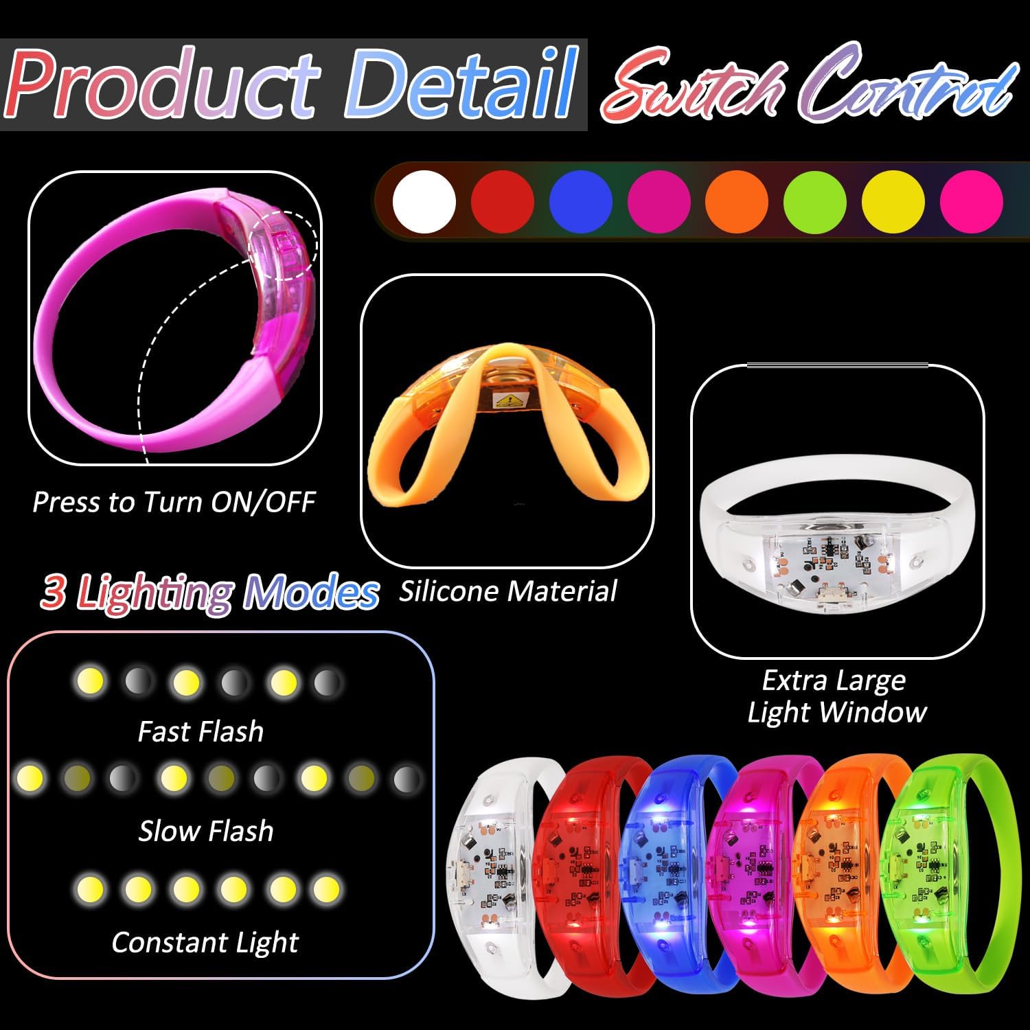 100 Pcs LED Bracelets for Party Bulk 3 Lighting Modes LED Wristbands Light Up Wrist Bands Glow in the Dark Party Favors Rave Led Glow Bracelet for Concert Events