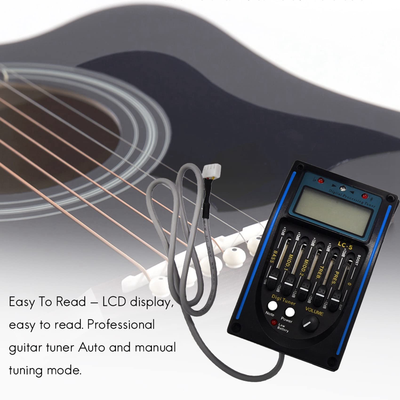 5-Band Equalizer Tonabnehmer Akustik Gitarren Vorverstärker Tuner mit LCD Display und Lautstärke Regler LC-5, Schwarz