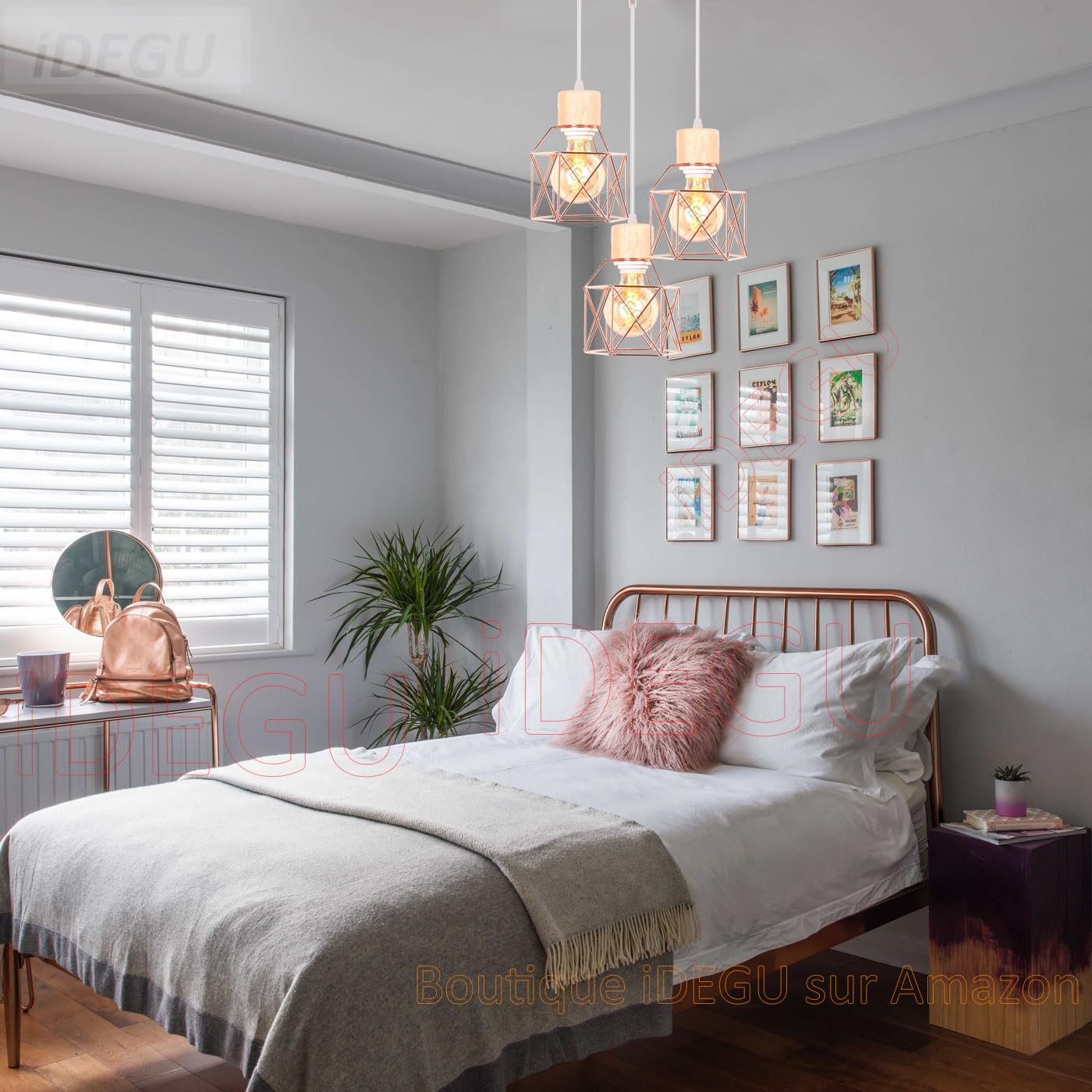 iDEGU 3 Lampes Suspension Luminaire Vintage Lustre Industriel en Bois Métal Rétro Plafonnier Abat-Jour Design Cage E27 Éclairage de Plafond pour Salon Chambre Cuisine (Or Rose, Bois, Cercle)