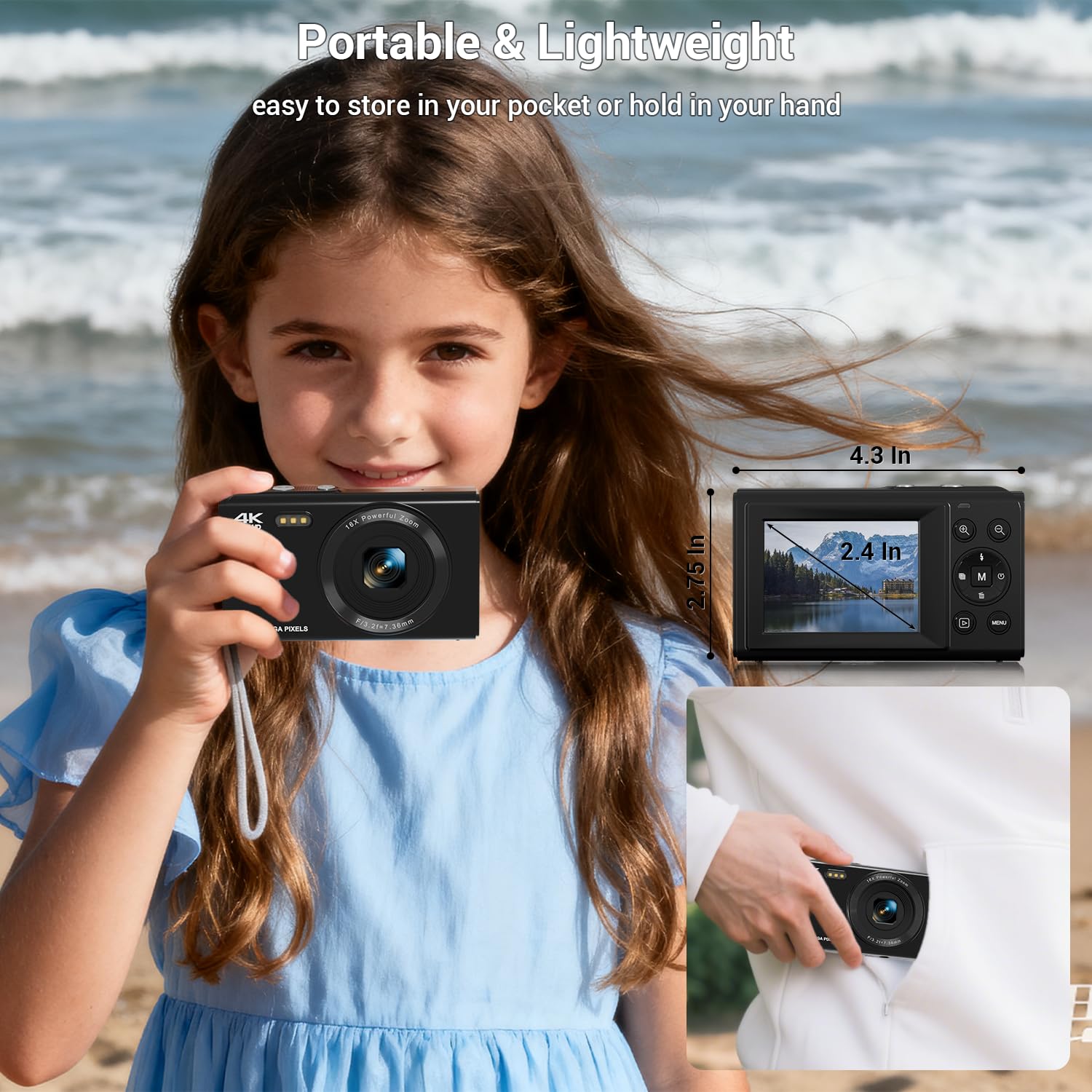 Fotocamera digitale, 4 K 44 MP, autofocus, fotocamera con zoom 16x, LCD da 2,4 pollici, fotocamera compatta portatile per bambini, ragazzi, ragazze, adulti, (nero)
