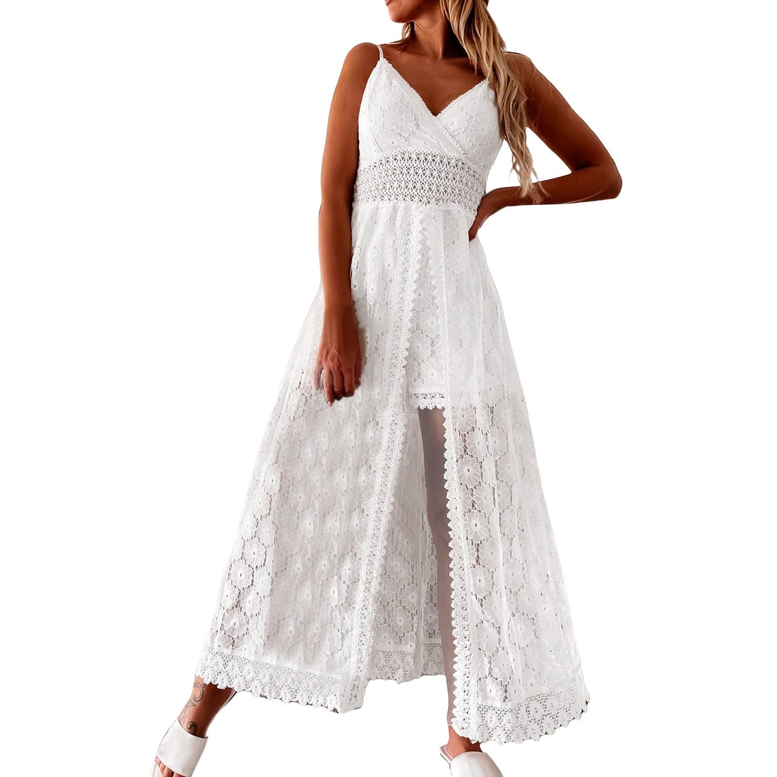 Robe longue d'été pour femme, col en V, sans manches, en dentelle