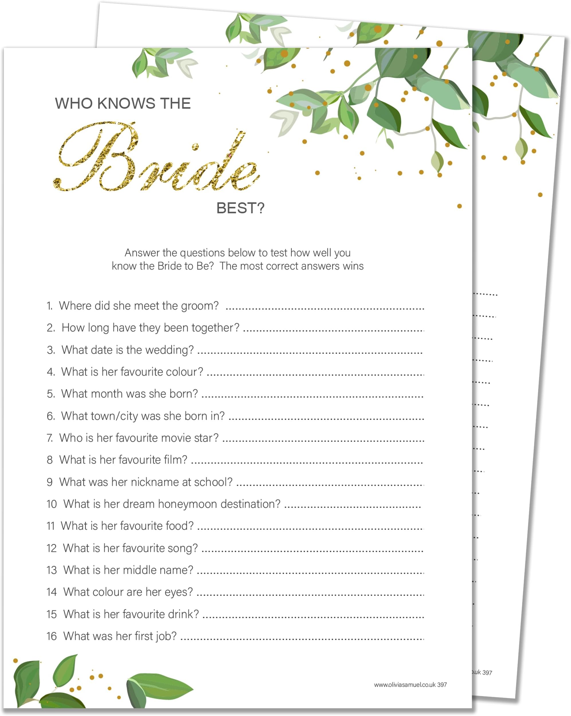 20 x Who Knows The Bride Best - Bridal Shower Hen Party Game - Botanicals Design (20 Guest Cards + 1 Card of Answers for The Host + Winner Certificate)