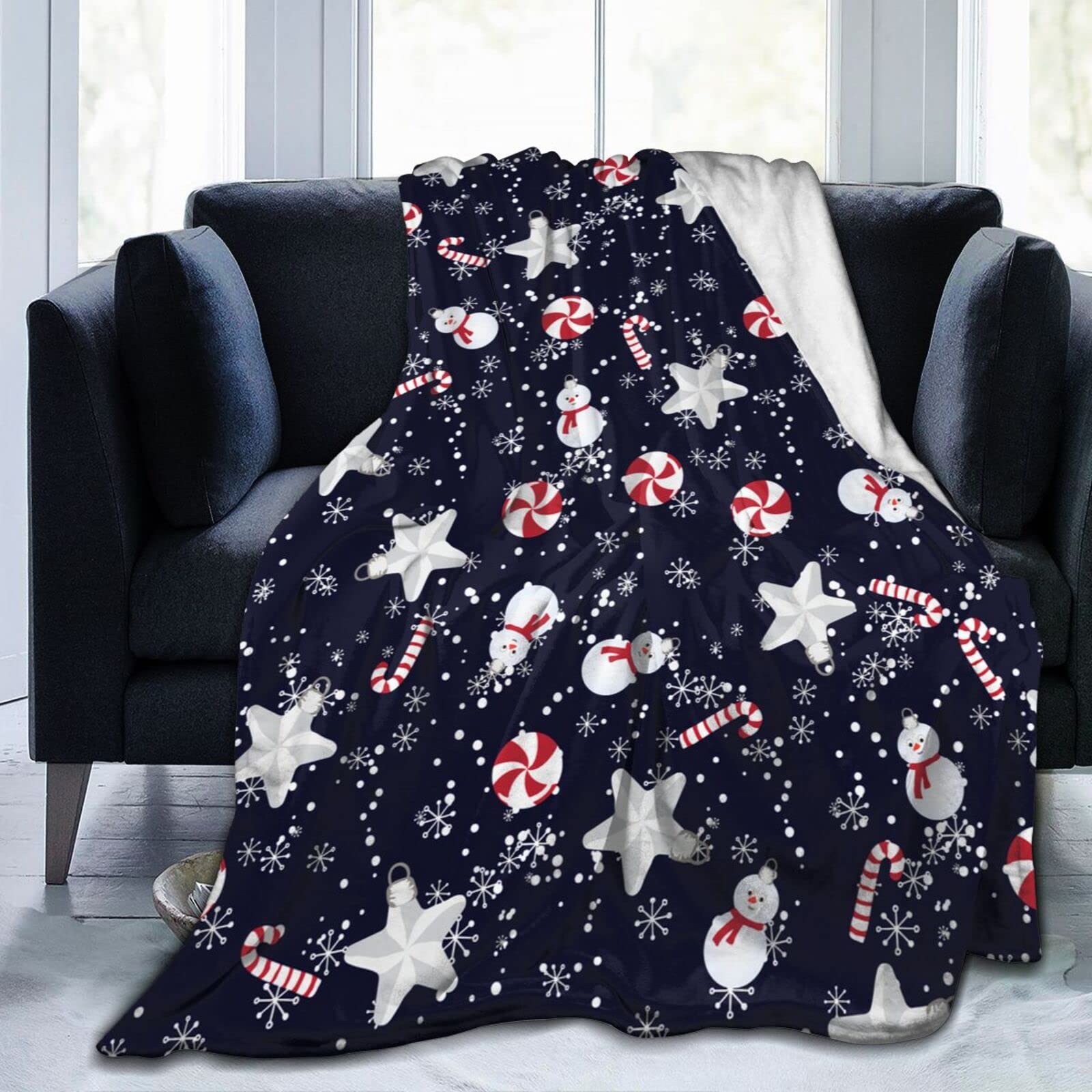 Lsjuee Christmas Toys Candy and Snowman Throw Blanket Warm Cozy Blankets Lightweight Soft Cozy Flannel Merry Christmas Blanket for Sofa Couch Bed Office Holiday Xmas Gift 80"X60"