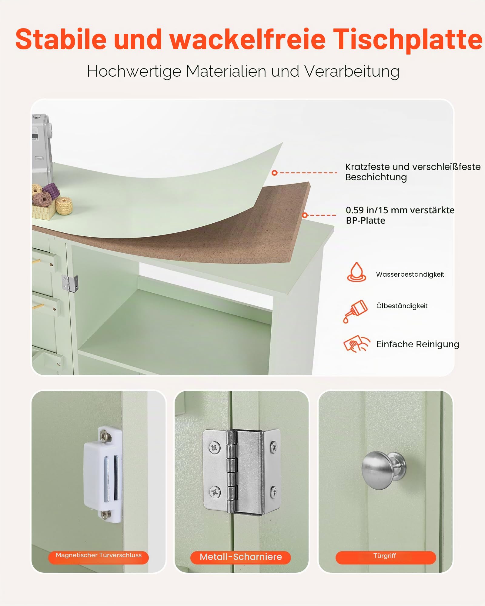 VEVOR klappbarer Nähtisch Nähmaschinentisch mit kompaktem Design & Ablagefächern & Holzklammern & magnetischem Türschloss, Mehrzwecktisch für Modestudio Kunststudio Zuhause, Hellgrün