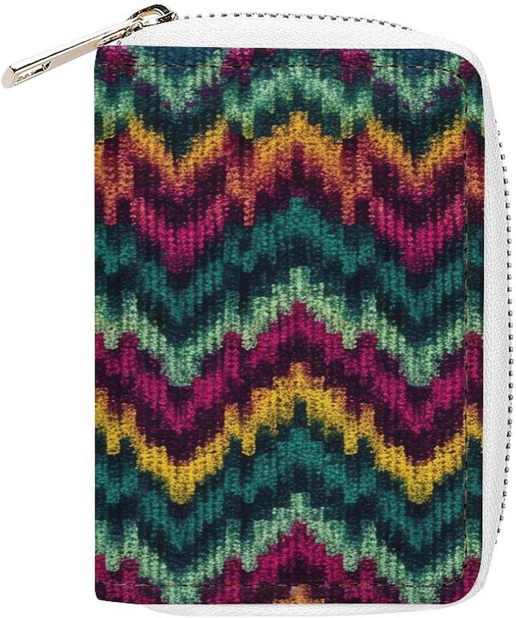 Leather Card Organizer Case Card Wallet Credit Card Holder Colorful Knitted Pattern Printed Zipper Card Cases Holder for Women Men