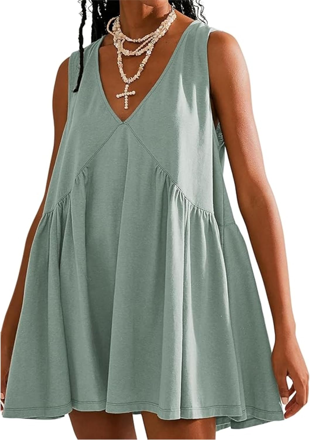 OPCAKM Women's V Neck Sleeveless Mini Dress Loose Summer Pleated Swing Flowy Sundress