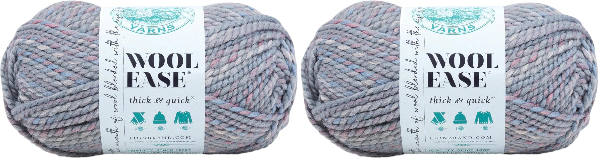Lion Brand Yarn Wool-Ease Thick &amp; Quick Yarn, Soft and Bulky Yarn for Knitting, Crocheting, and Crafting, 1 Skein, Storm Front (Pack of 2)