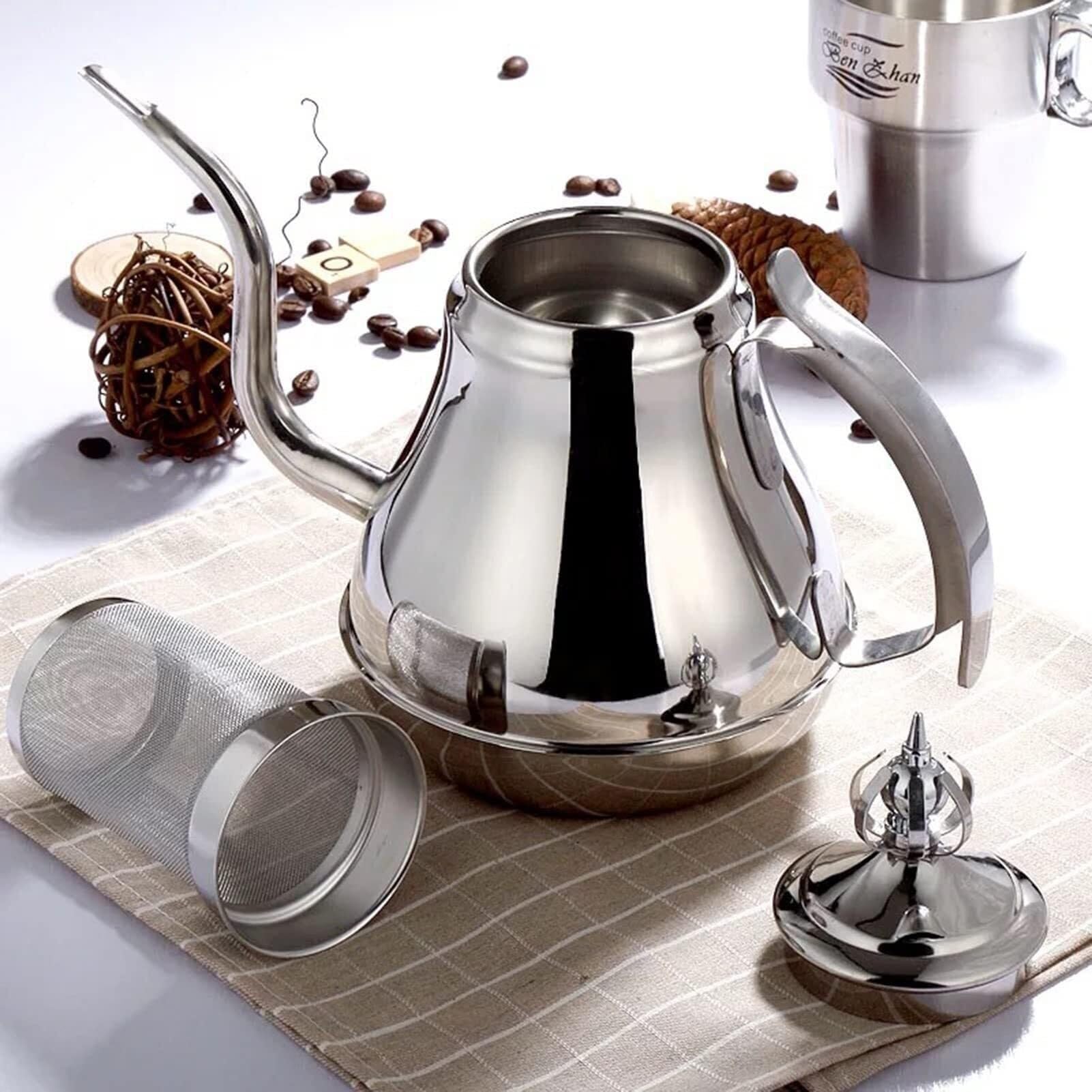 Camping Teapot, Tea Kettle with Infusers Stainless Steel Coffee Drip Pot Gooseneck Tea Pot with Filter Induction Cooker Kitchen tools(1.2L)