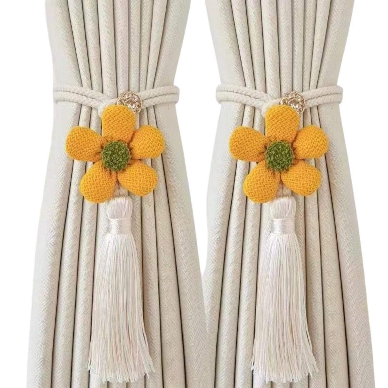 Ljhnba Yellow Of 2 Curtain Tie Backs Flower Tassels Detailing Braided Rope Drape Holdbacks Ties For Home Offices Window Drapery Elegant Window Decors