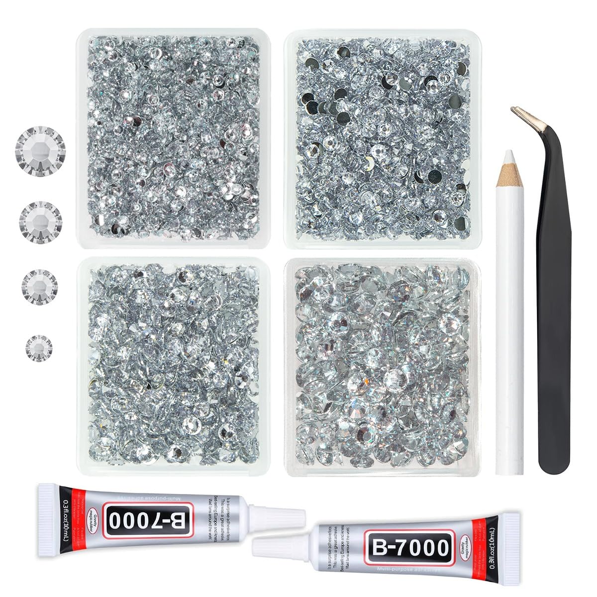 qiipii Silver Clear Resin Rhinestones w B7000 Jewelry Glue for Bedazzling Crafting 3mm-6mm Crystal White Flatback Stones Diamonds Crystals Gems Charms