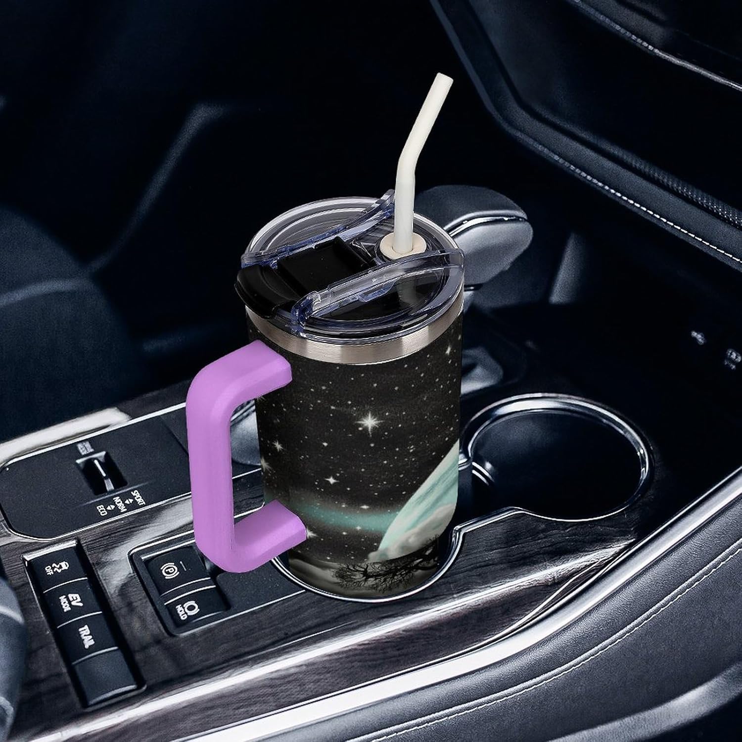 Large Car Cup with Handle&Lid Fashion Starry Night Black Tree Art Tumbler Sturdy Insulated Water Bottle Stainless Steel Vacuum Travel Mug Portable Coffee Cup for Home Outdoor 40 Oz Violet-style