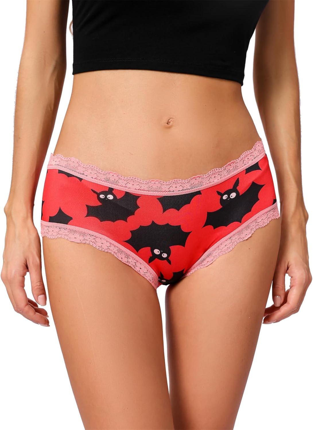 Morvia 6pcs Women Underwear Gothic Sexy Halloween Skulls Roses Allover Print Contrast Lace Hipsters Panties - Image 6