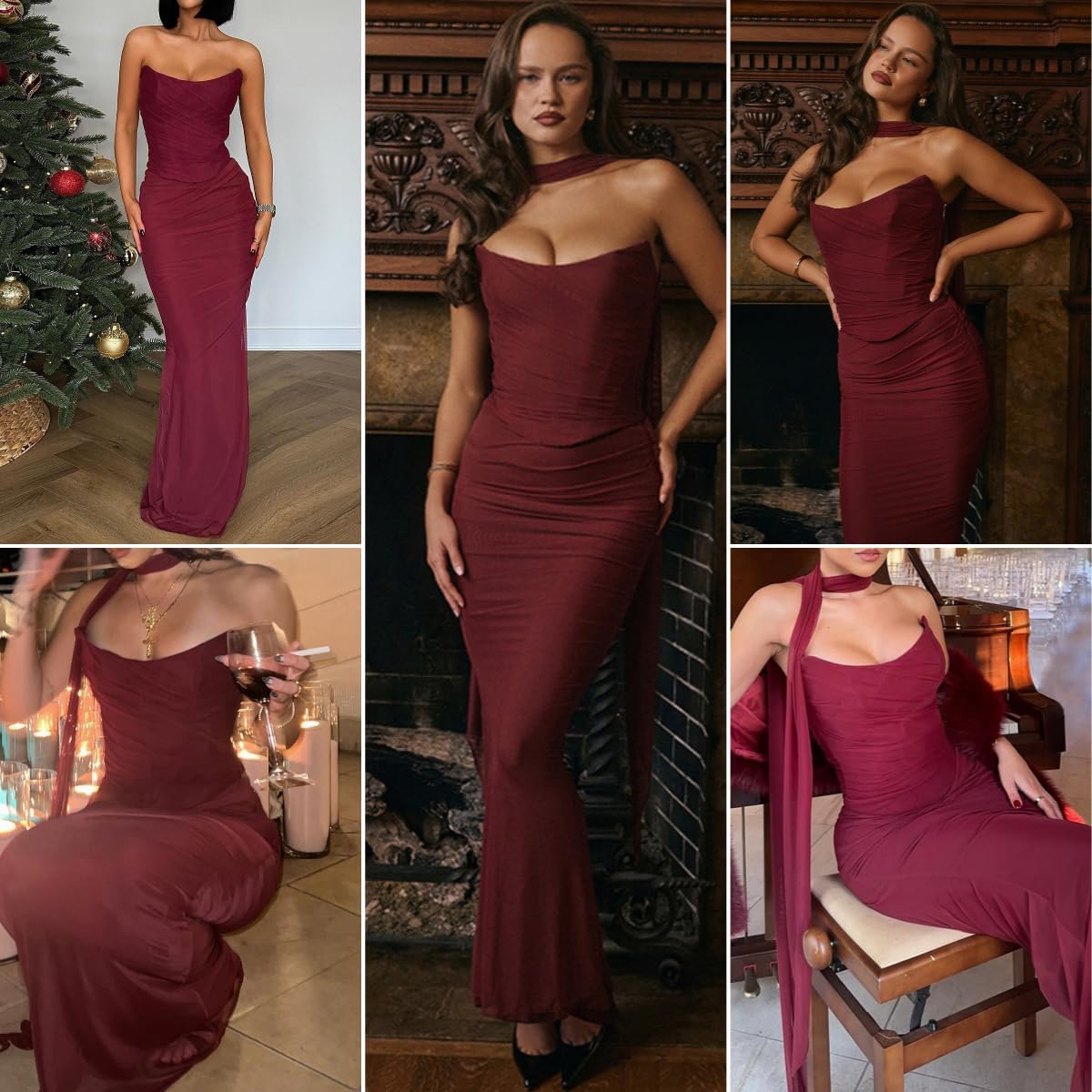 Women's Elegant 2 Piece Dress with Scarf Boned Corset Tube Tops with Ruched Maxi Skirt for Party Evening - Image 5