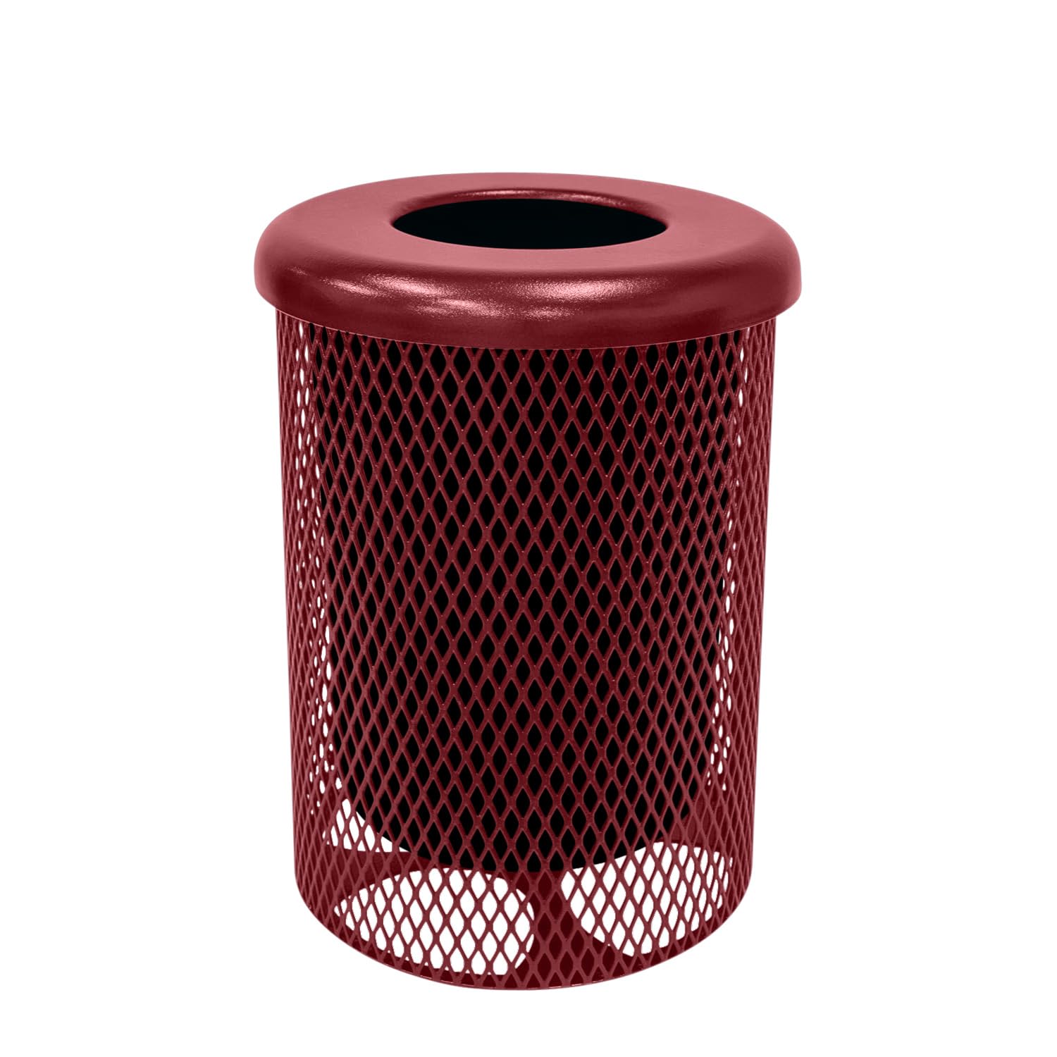 COATEDOUTDOORFURNITURE RFT-BUR Heavy Duty 32 Gallon Round Trash Receptacle Liner Included Burgundy with Black Flat Top Made in