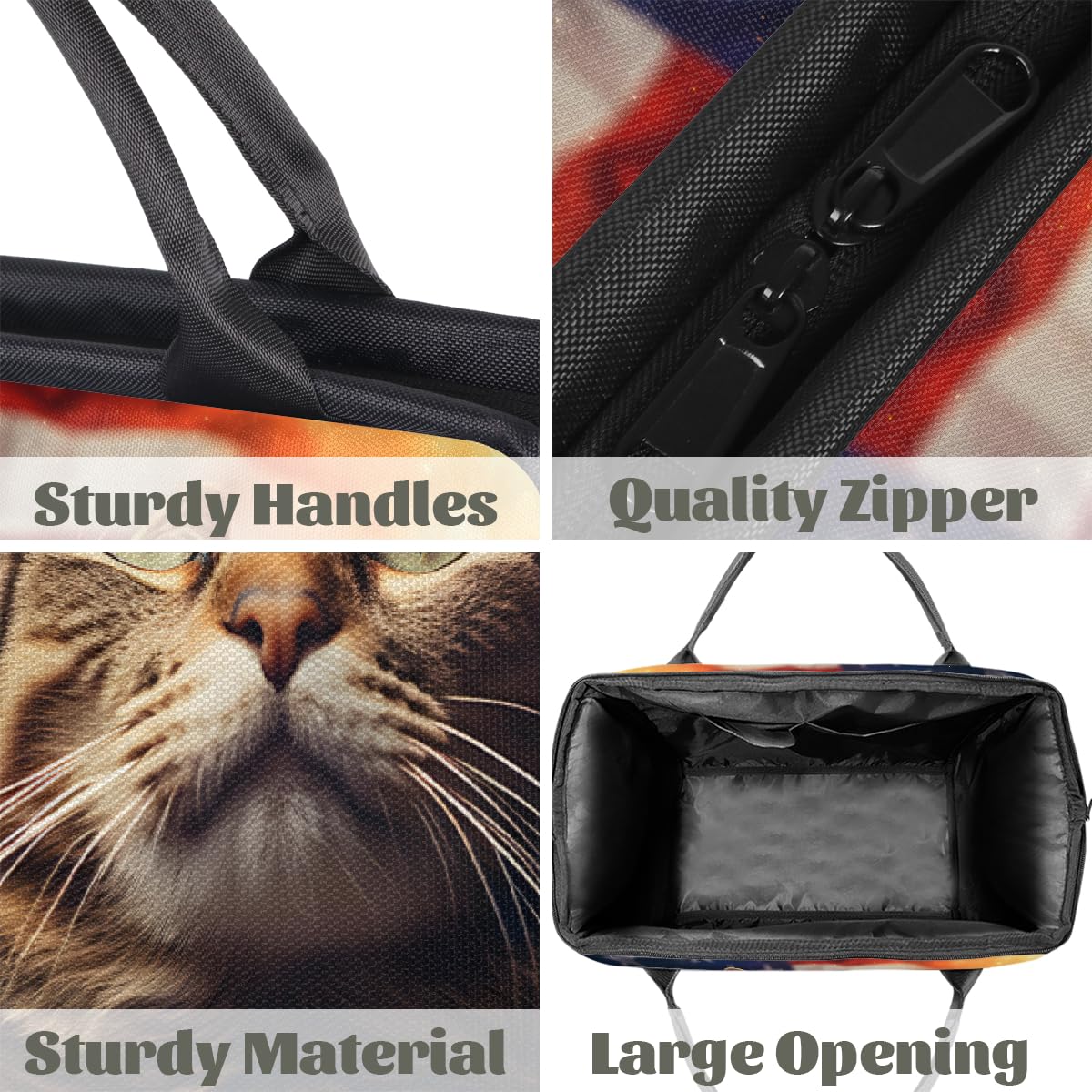 Borsa da palestra con gatto con bandiera americana del 4 luglio per uomini e donne, borsone sportivo da viaggio impermeabile per il fine settimana borsa da notte leggera da portare a mano