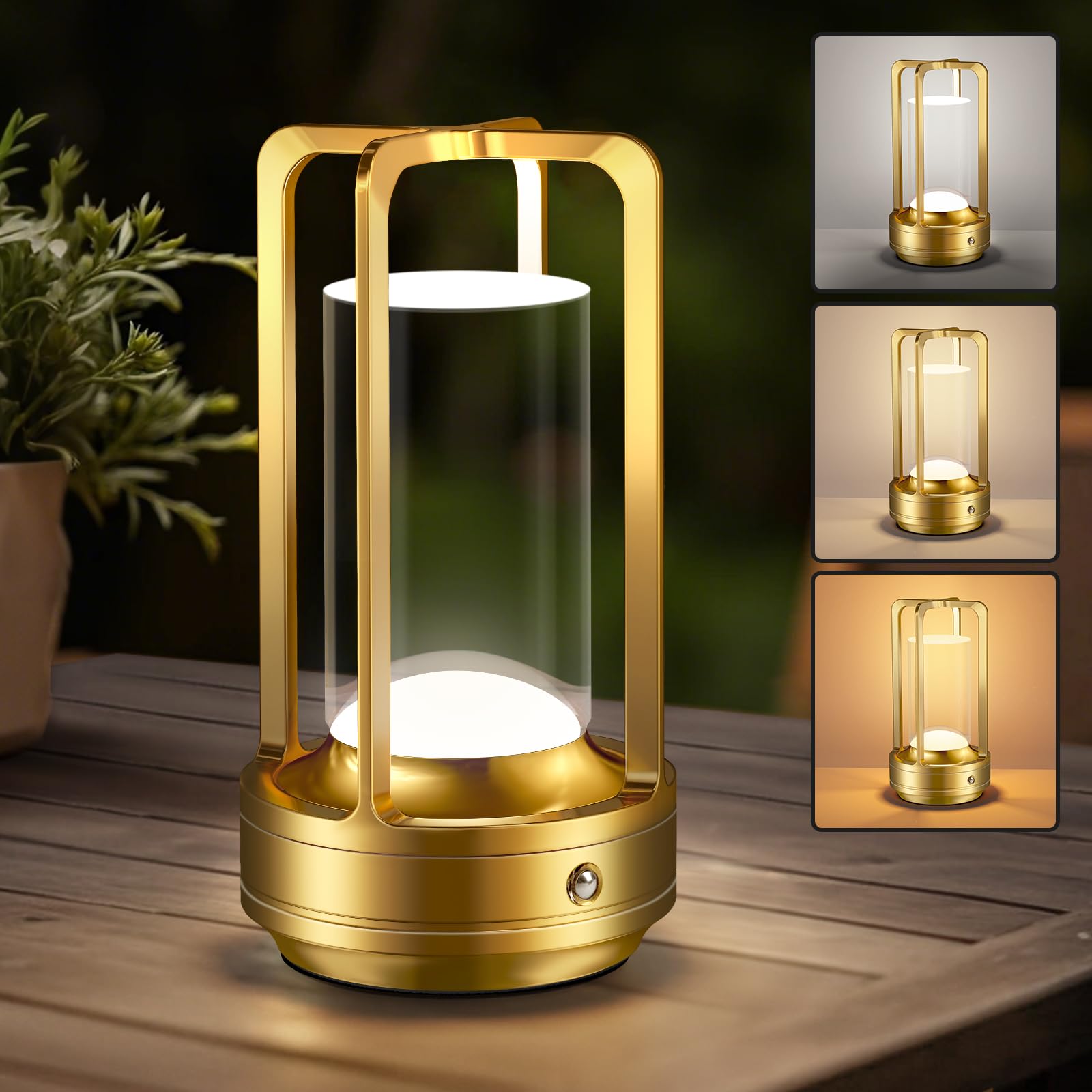 Photo 1 of Rechargeable Table Lamp for Outdoor Indoor: Cordless Portable Table Lamps with 3 Color Stepless Dimmable - LED Metal Battery Operated Lantern - Small Table Lamp for Bedroom/Bar/Coffee Shop/Camping