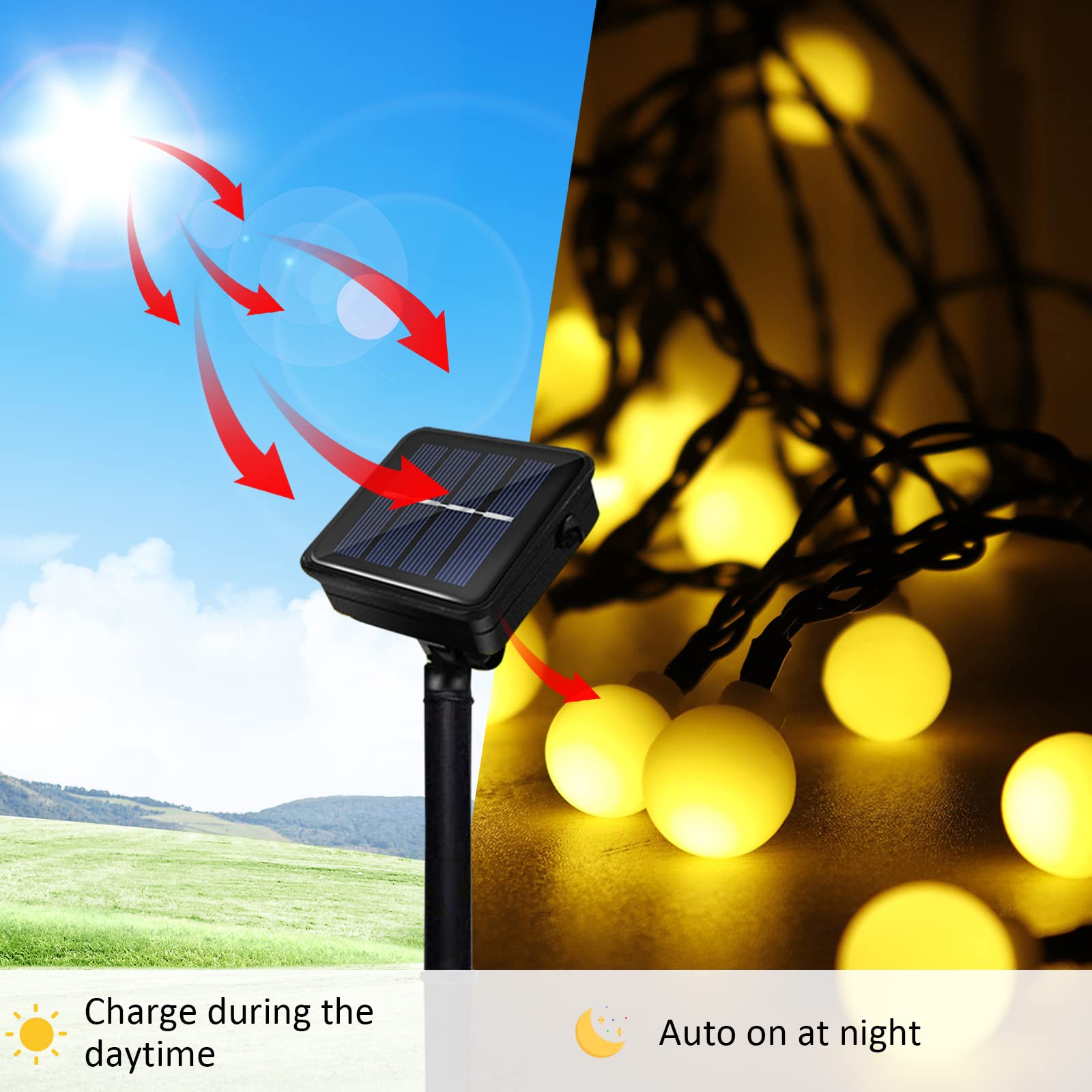 Micacorn Christmas Lights Solar String Light Garden Globe Fairy Lights 23ft 8 Modes 50 LEDs Waterproof Ball Solar String Lights for Outdoor Wedding Party Christmas Decoration - Image 2