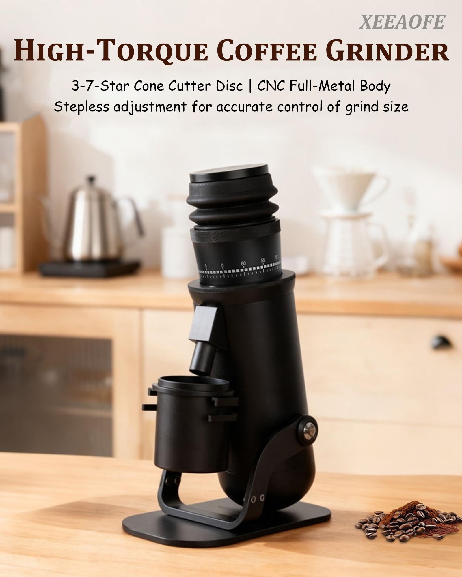 Młynka do Kawy ze Ślimakami Stożkowymi: 60 Ustawień Mielenia od Espresso do French Press, Konstrukcja Pojedynczej Dawki z Miechem do Czyszczenia & Lejem o Niskim Zaleganiu