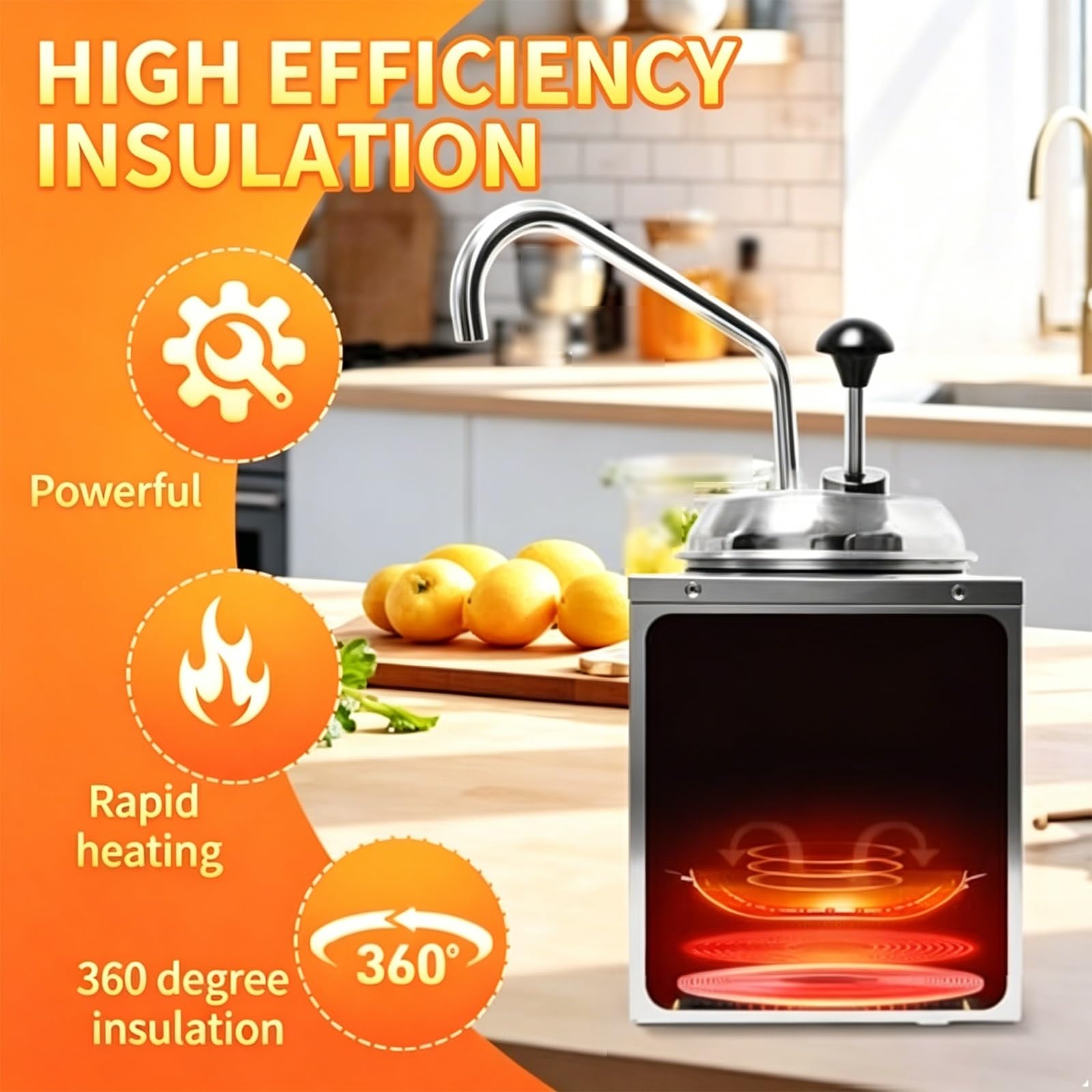 Dispensador Eléctrico Comercial de Calentador de Queso de Acero Inoxidable 304 de 2 Litros, con Bomba, Control Digital de Temperatura for Hot Fudge, Nacho, Mantequilla, Caramelo, Restaurante
