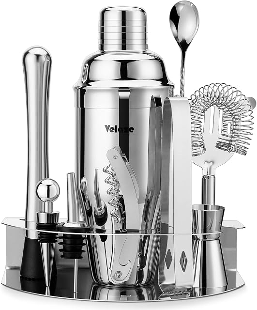 Velaze Cocktail Shaker Bar Tools Set (10 Piece), Stainless Steel Bartender Kit, Martine Cocktail Shaker Set with All Bar Accessories, Strainer, Double Jigger, Bar Spoon, Bottle Opener - Silver