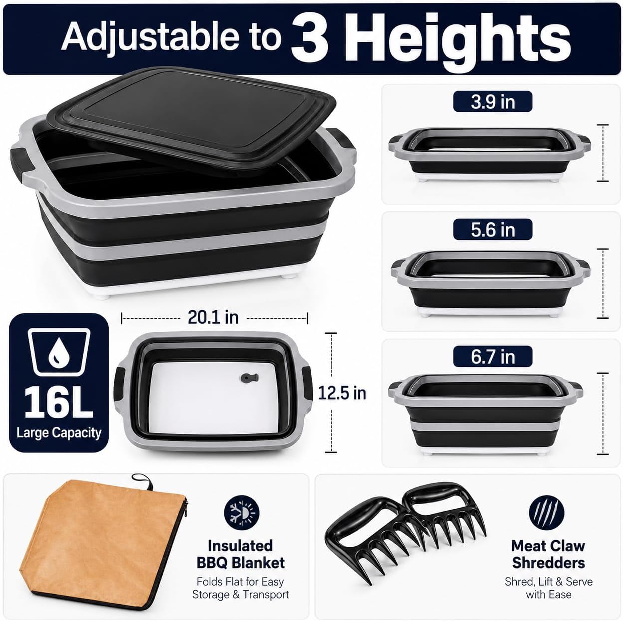 Collapsible BBQ Prep Tub for Meal Prep, Marinating & Food Storage, BBQ Tub Collapsible with Meat Rest Blanket Cutting Board Lid, Folding Wash Basin, Includes 2 Meat Shredder Claws.(Black) image 3