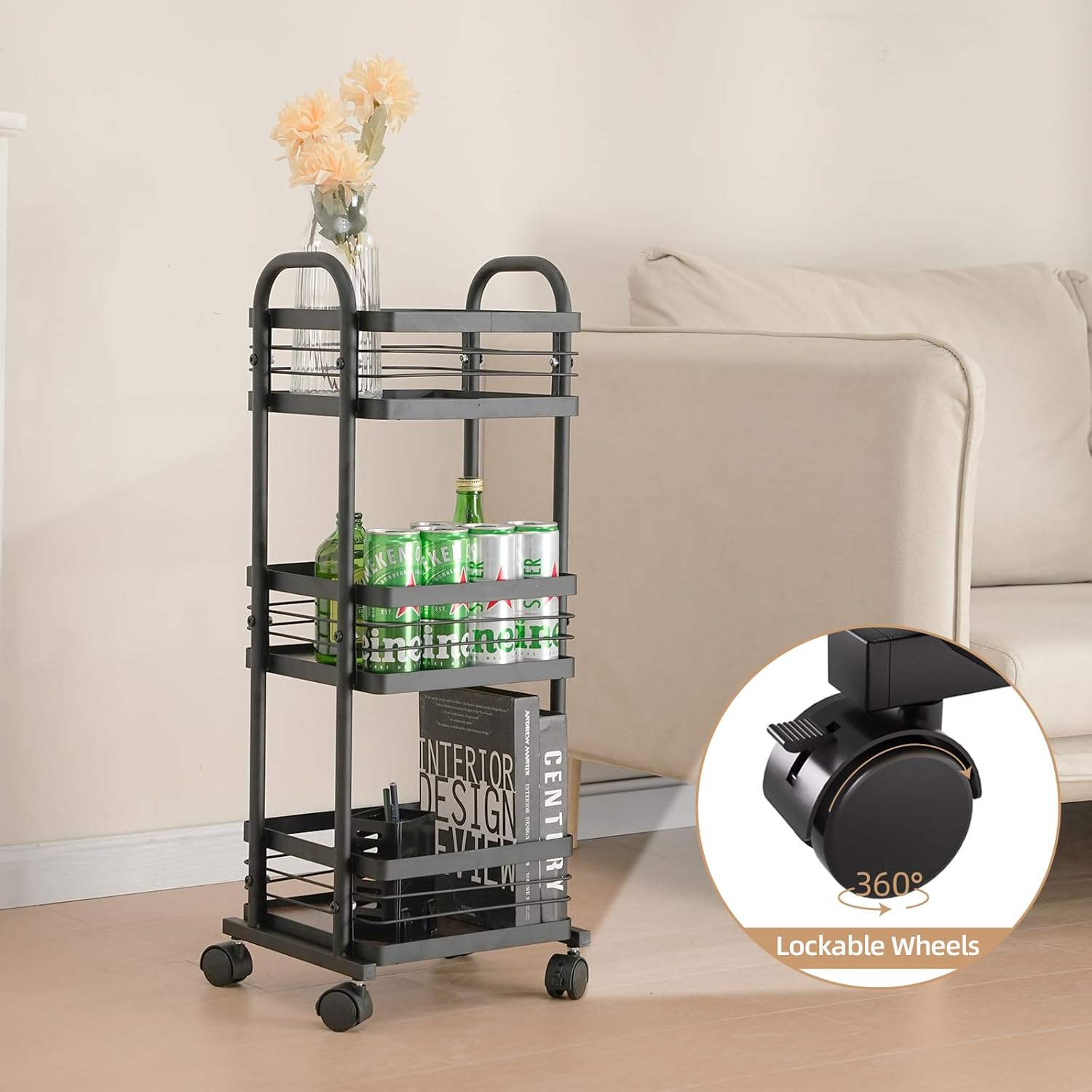 CHPHI 3 Tier Rolling Utility Cart Organizer, Stable and Sturdy Black Rolling Storage Carts with 2 Lockable Wheels, Multifunctional Storage for Kitchen, Bathroom & Laundry